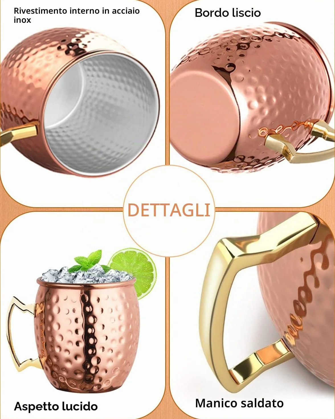 LIVEHITOP Bicchieri Moscow Mule Rame 4 Pezzi, 19,5 oz Tazza Rame con Set Regali per Barra e Festa