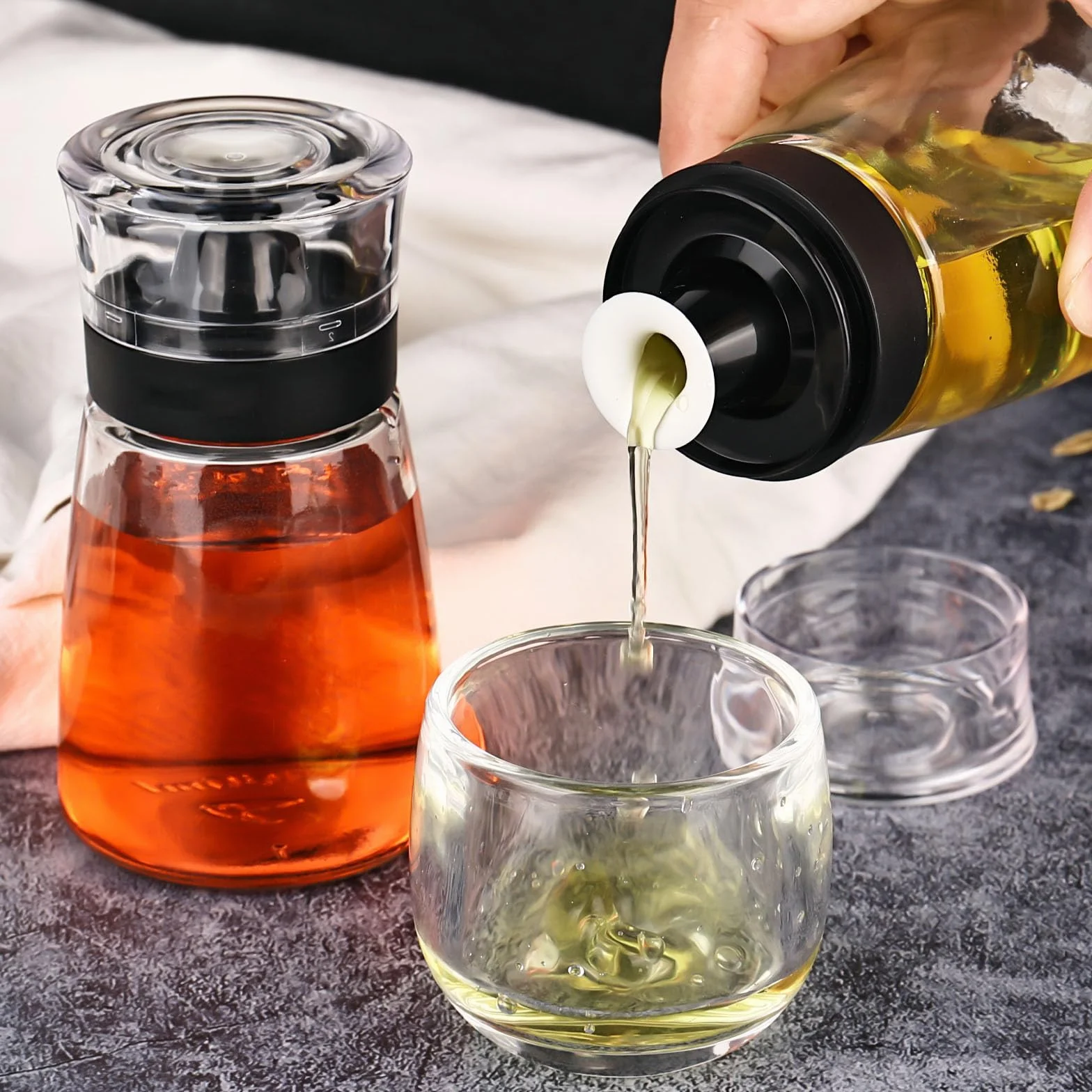 Confezione da 2 dispenser di olio e aceto, a prova di perdite, in vetro trasparente, con beccuccio, 160 ml, per esterni, campeggio, cucina da picnic