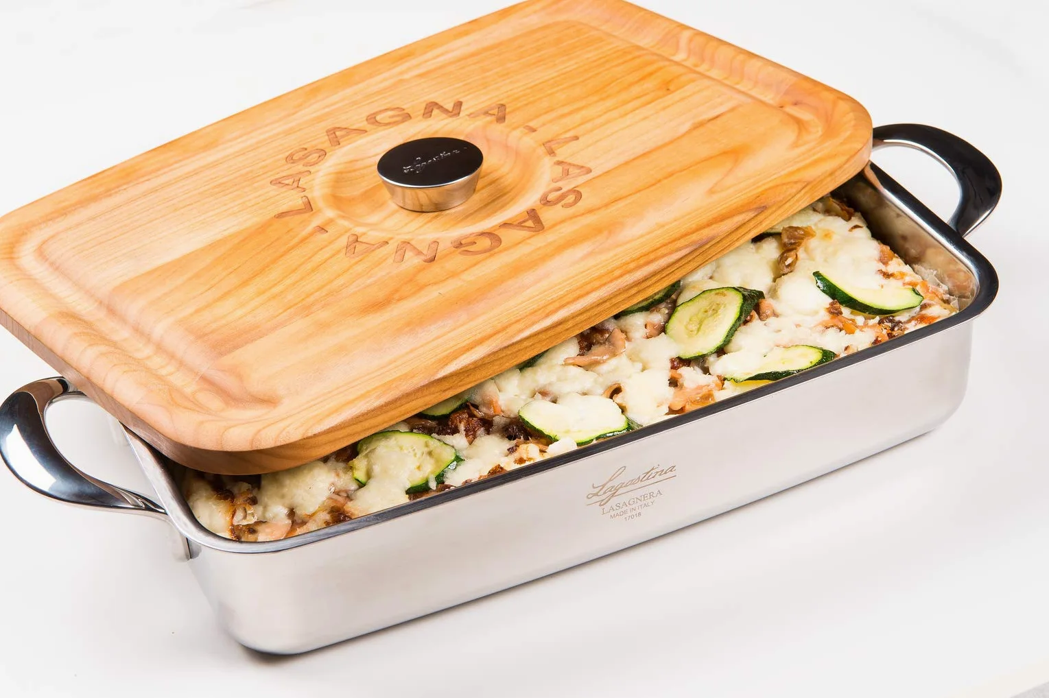 Lagostina Patrimonio Lasagnera per Forno con Coperchio di Legno di Ciliegio, Acciaio Inox e Legno, 22x35 cm