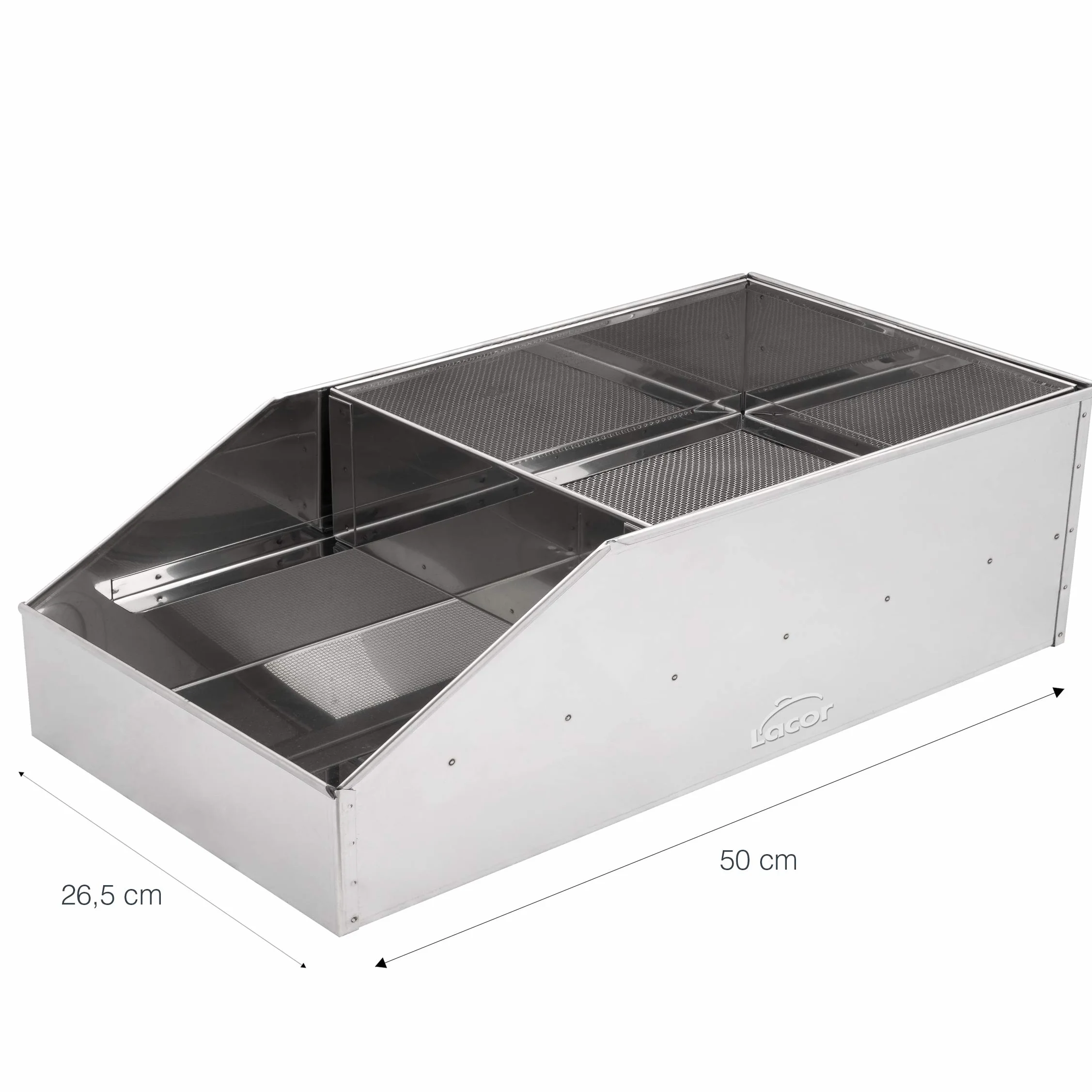 Lacor - 50450 - Farinatore in acciaio inossidabile, Setaccio di farina, Ideale per infarinare o pannare alimenti, Pulizia facile, per cucine professionali, acciaio inossidabile, 50 x 26, 5 x 18 cm