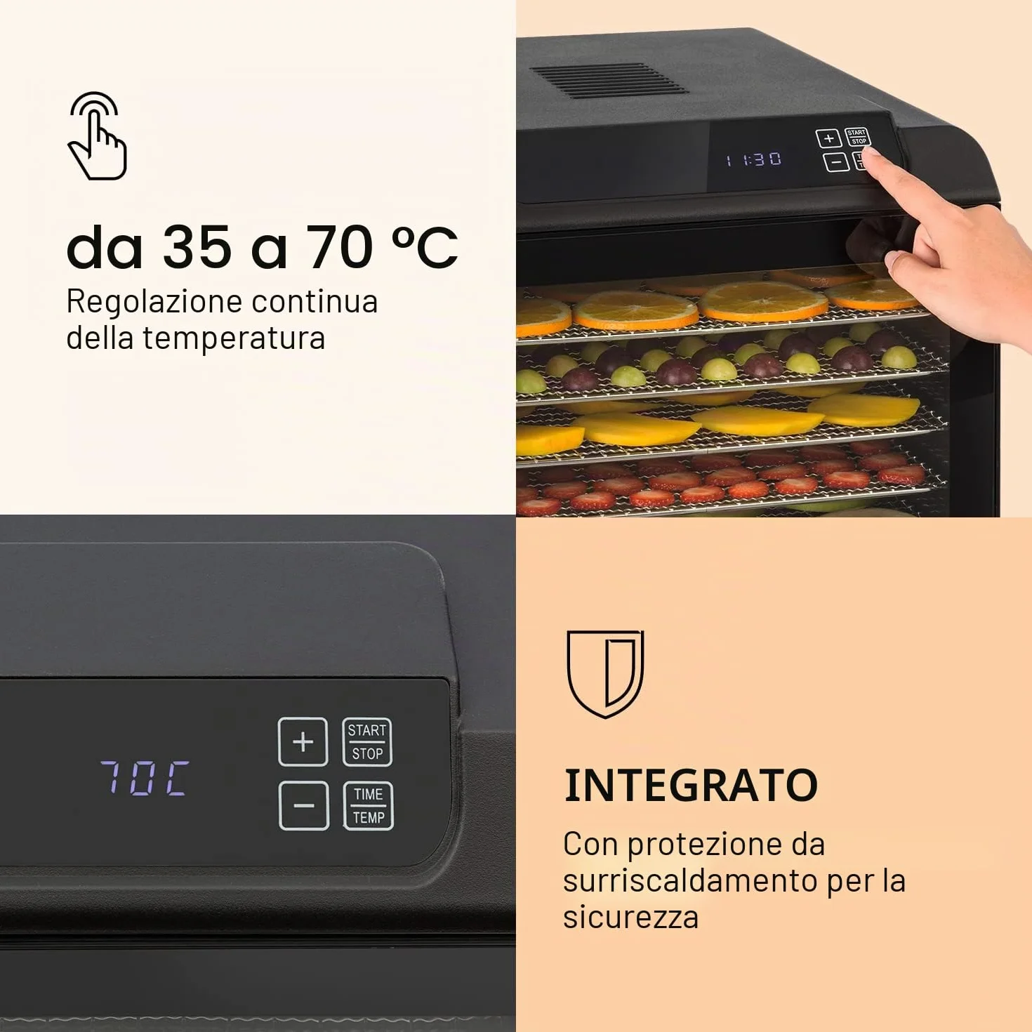 KLARSTEIN Arizona - Disidratatore, Essiccatore di Carne e Frutta, Essicatrice, 500 Watt, 35-70 ° C, 6 Ripiani Lavabili in Lavastoviglie, Nero