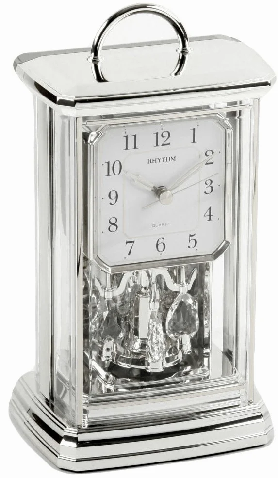 RHYTHM - Orologio da tavolo in vetro con pendolo, numeri arabi, in argento