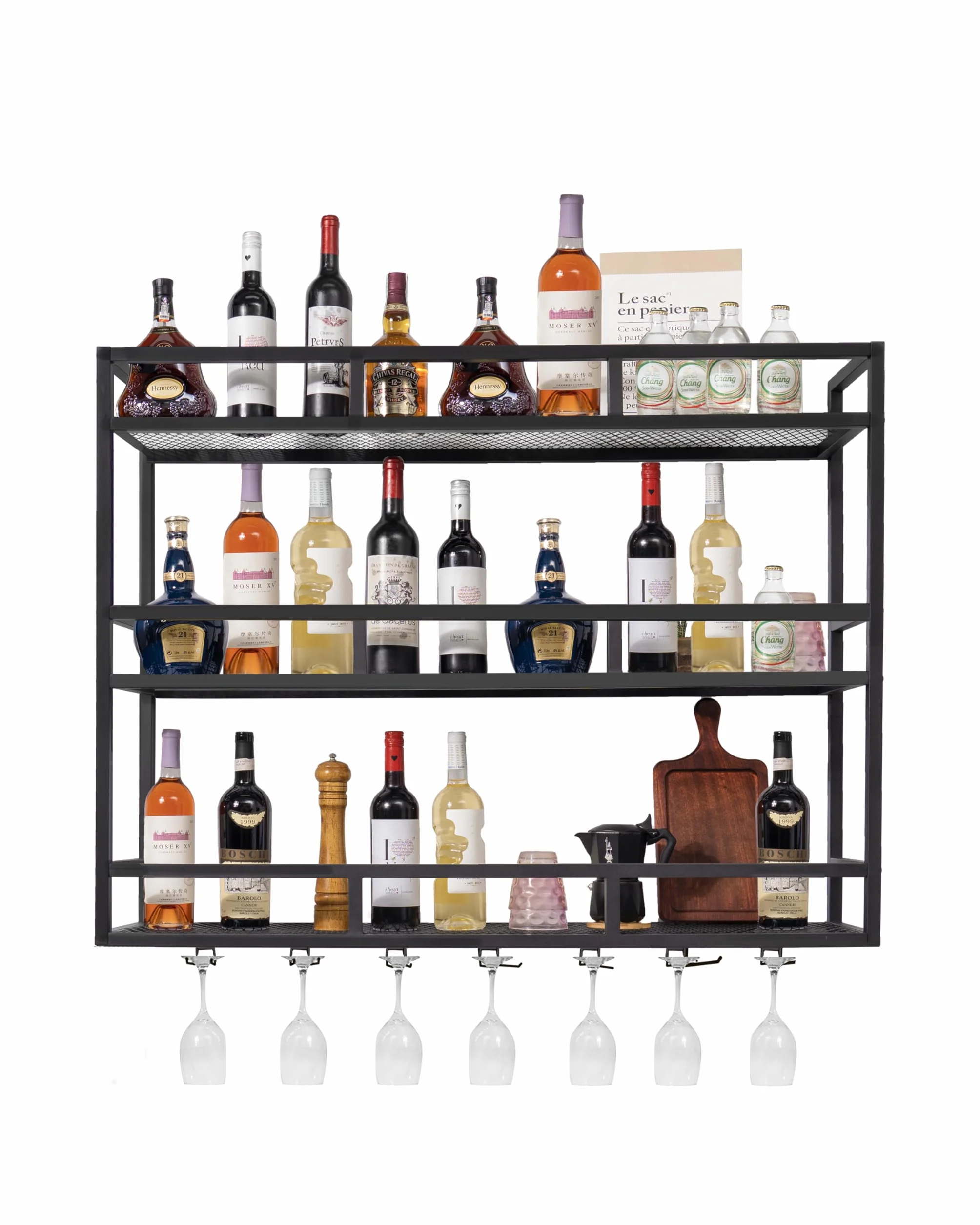 Portabottiglie da Parete con Portabicchieri a LED, Scaffale Moderno in Metallo 100 cm a 3 Livelli, Mensola Bar per Casa, Cucina e Locale Commerciale