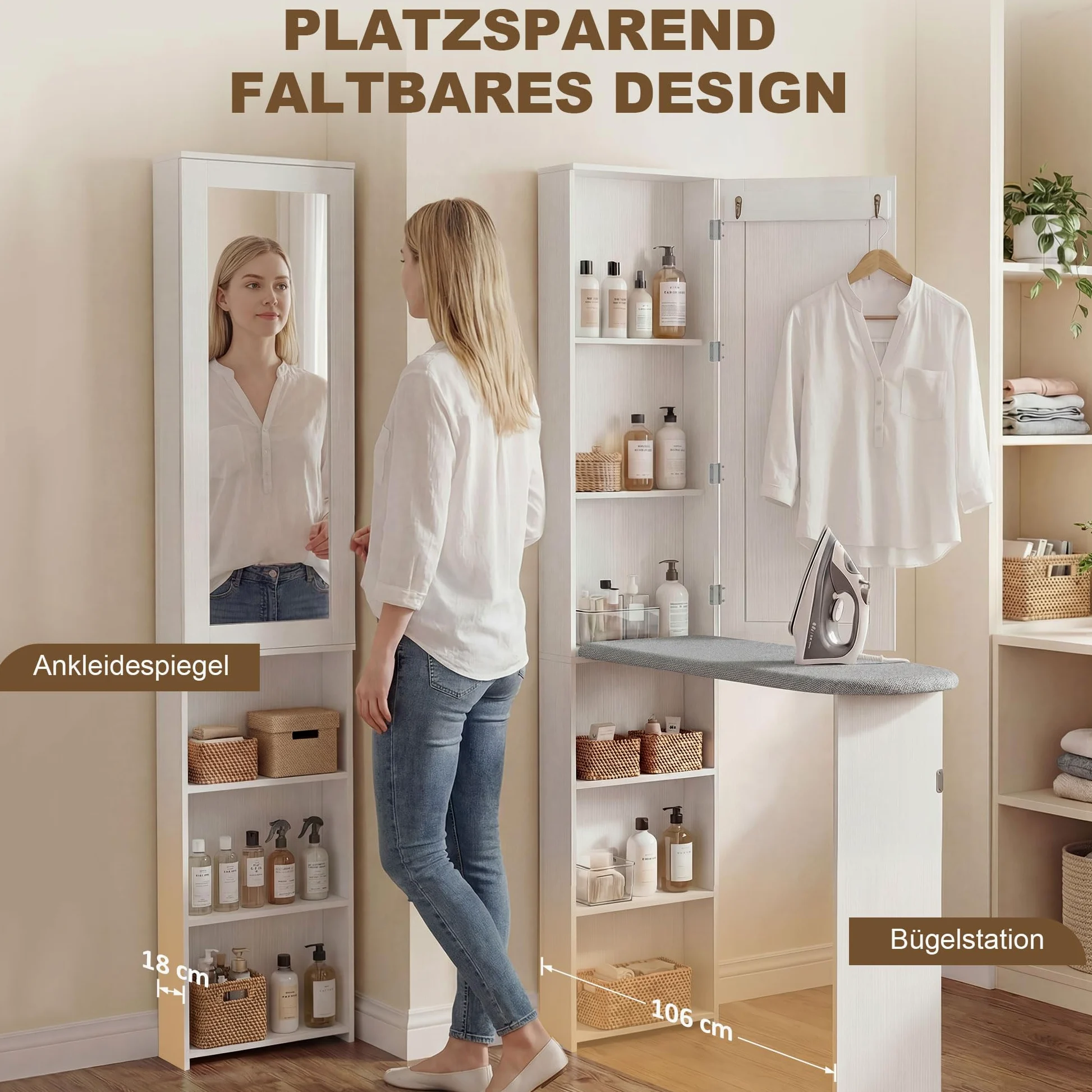 HOMCOM Armadietto pieghevole per asse da stiro con porta, scaffali interni, specchio, salvaspazio, per la cura della biancheria, per lavanderia o piccoli spazi, 106 x 35 x 174 cm, bianco