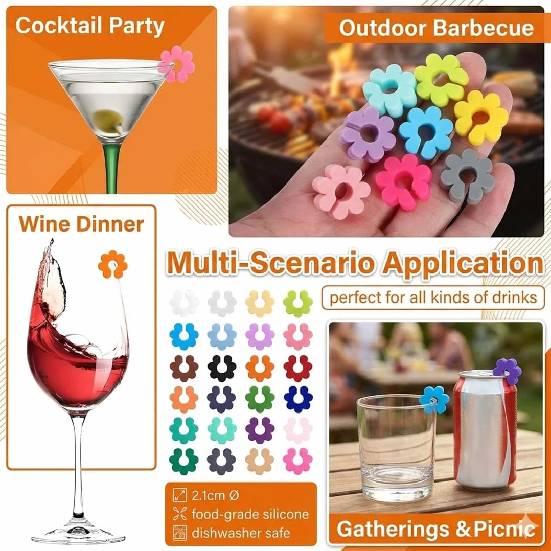 Segna Bicchieri Calici in Silicone, Anelli Identificatori Colorati per Feste, Champagne e Cocktail, 24 Pezzi
