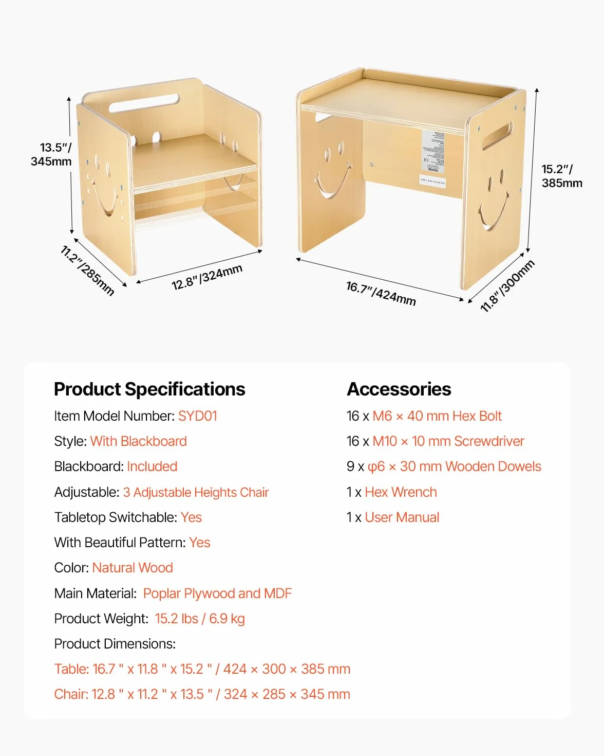 VEVOR Set Tavolo e Sedia per Svezzamento in Legno per Bambini 424 x 300 x 385 mm, Sgabello Regolabile 345 mm