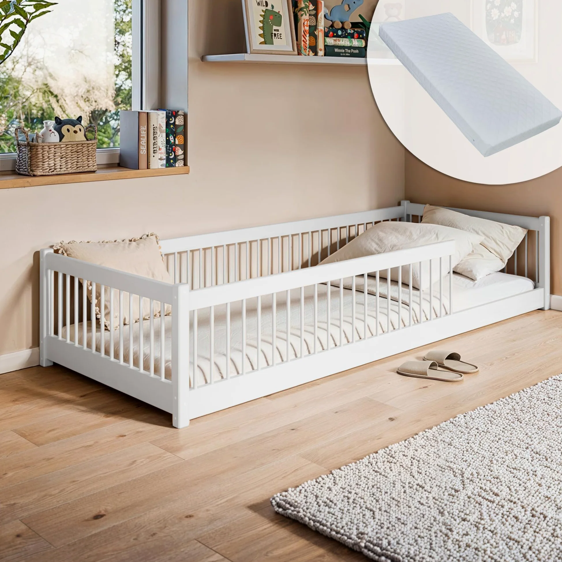 Letto a terra per bambini 90x190 cm con protezione anticaduta e rete a doghe Letto Montessori Letto a sponde Letto per bambini e ragazzi Letto singolo | Cioccolato fondente | dai 3 ai 12 anni