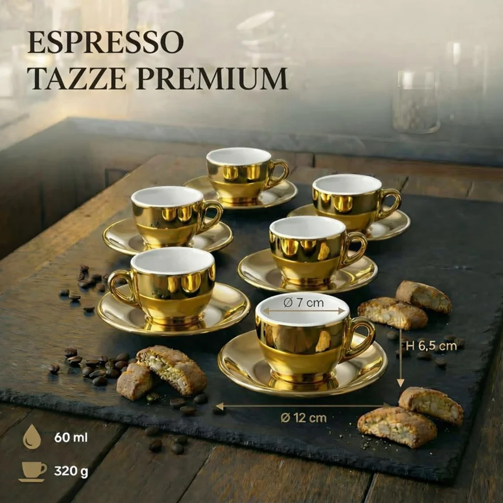 Tazzine da Caffè Espresso 60 ml in Porcellana Oro e Bianco Set da 6