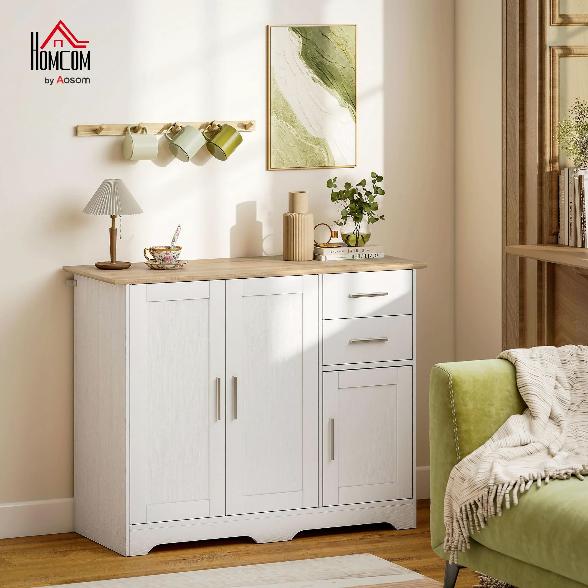 HOMCOM Credenza Cucina, Mobile Cucina con 2 Cassetti e 2 Armadietti, Credenza Buffet con Ripiani Regolabili, 3 Ante, Stile Moderno, per Soggiorno, Sala da Pranzo, 100x40x78 cm, Bianco e Color Legno