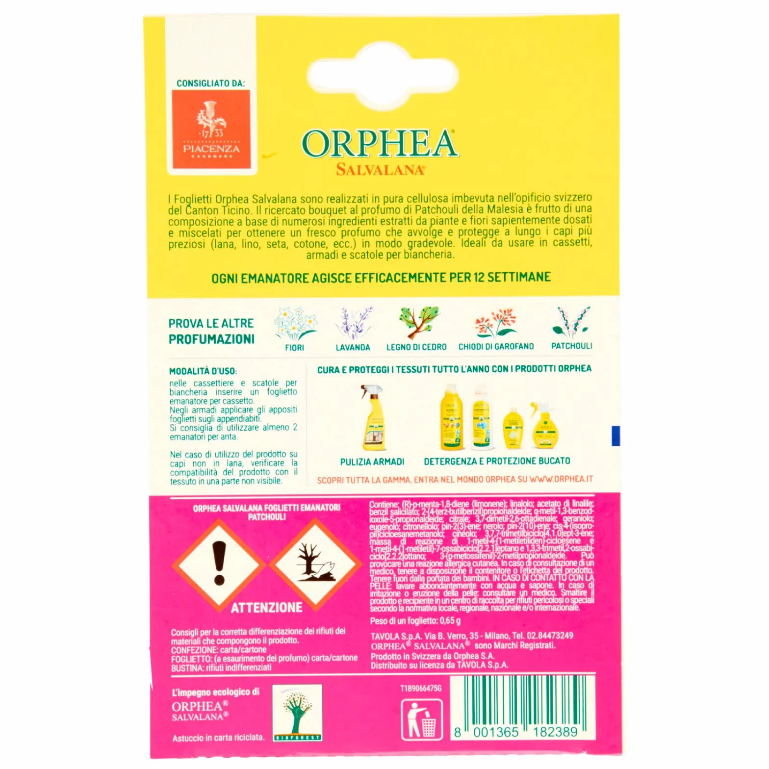 Orphea Salvalana Foglietti per Cassetti e Armadi Protegge Lana e Fibre Naturali Patchouli 144 sztuk