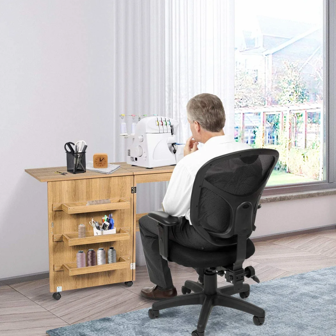 GOPLUS Mobiletto Cucito Pieghevole con Mensole e 5 Ruote Armadietto per Cucito Tavolo Allungabile per Macchina da Cucire 117x77x40 cm (Legno)