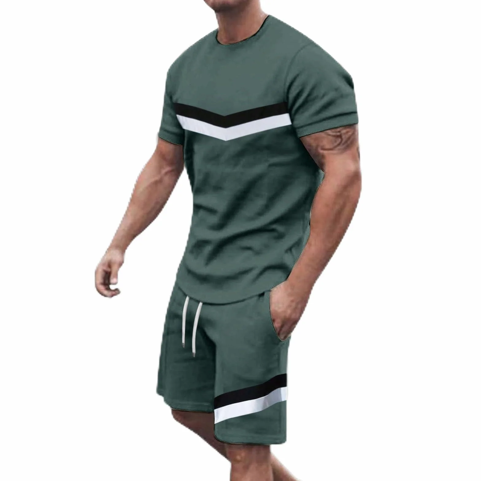 Tuta Uomo Completa Estivi 2 Pezzi - Tute Cotton Tee Shirt Manica Corta Pantaloncino Tasche Coulisse Set Ginnastica Traspirante Casual Streetwear