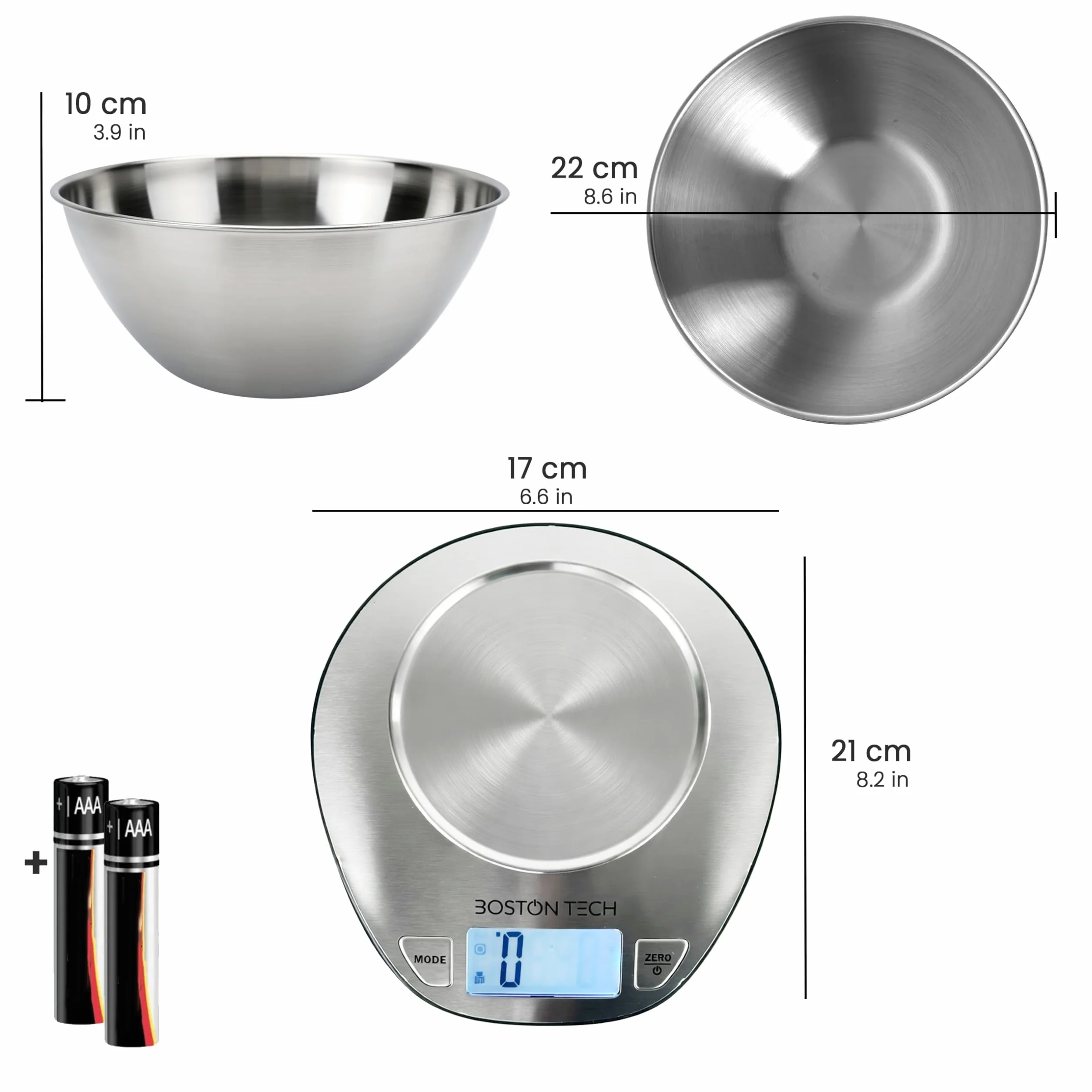 Boston Tech Bilancia Cucina Digitale con Ciotola Rimovibile in Acciaio Inox, Bilancia da Cucina 5 kg/1 g, Display LCD Retroilluminato, Funzione Tara, Batterie Incluse e Ricettario QR
