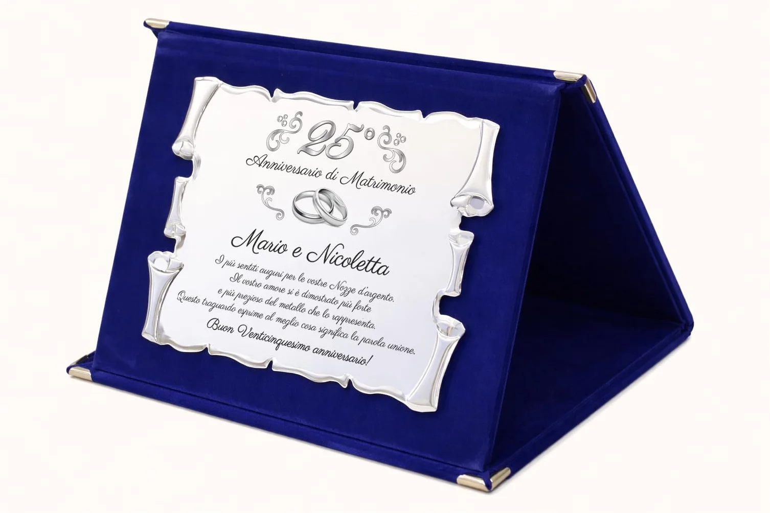 Targa 25° Anniversario di Matrimonio NOMI PERSONALIZZATI | Elegante Regalo Anniversario Nozze d'argento | Pergamena Argentata su Cofanetto in Velluto Blu