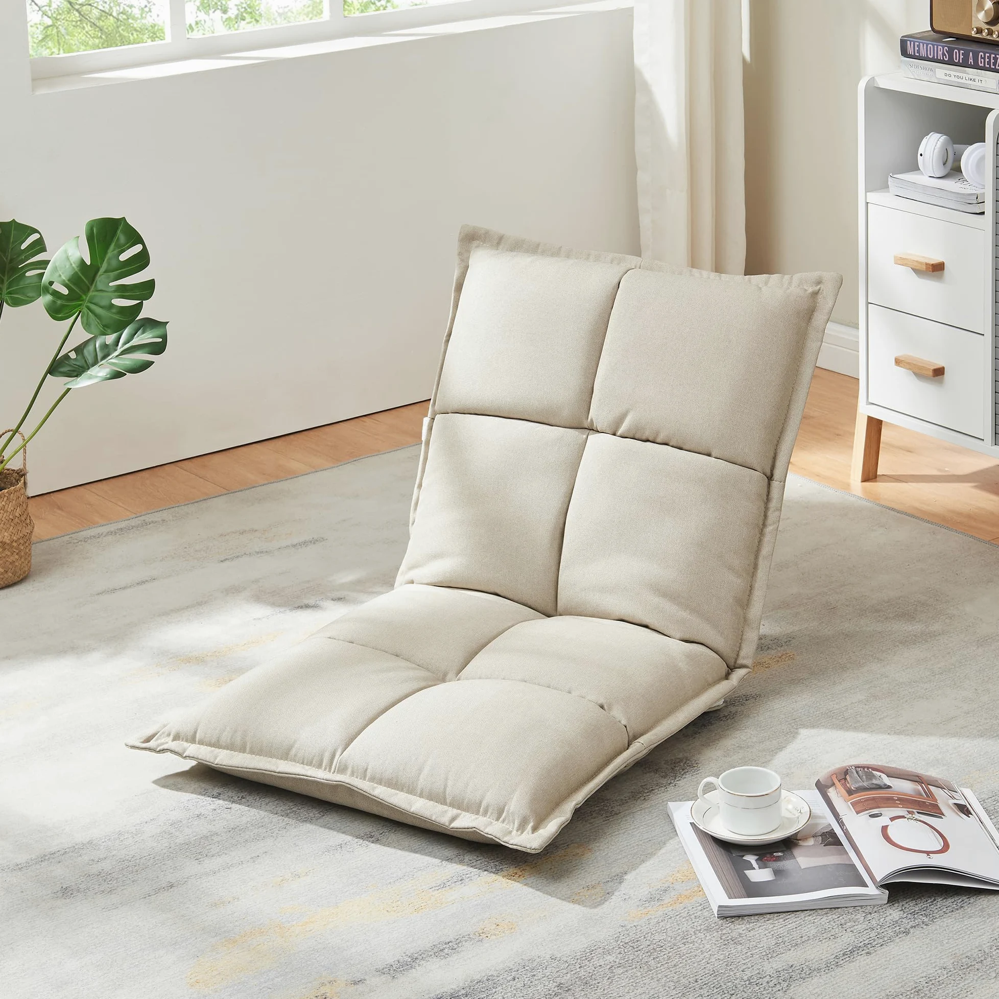 [en.casa] Set di 2 Sedie da Pavimento con Schienale Regolabile in 5 Posizioni Poltroncine Imbottite da Terra Sedie Reclinabili per Soggiorno Relax Meditazione - Beige