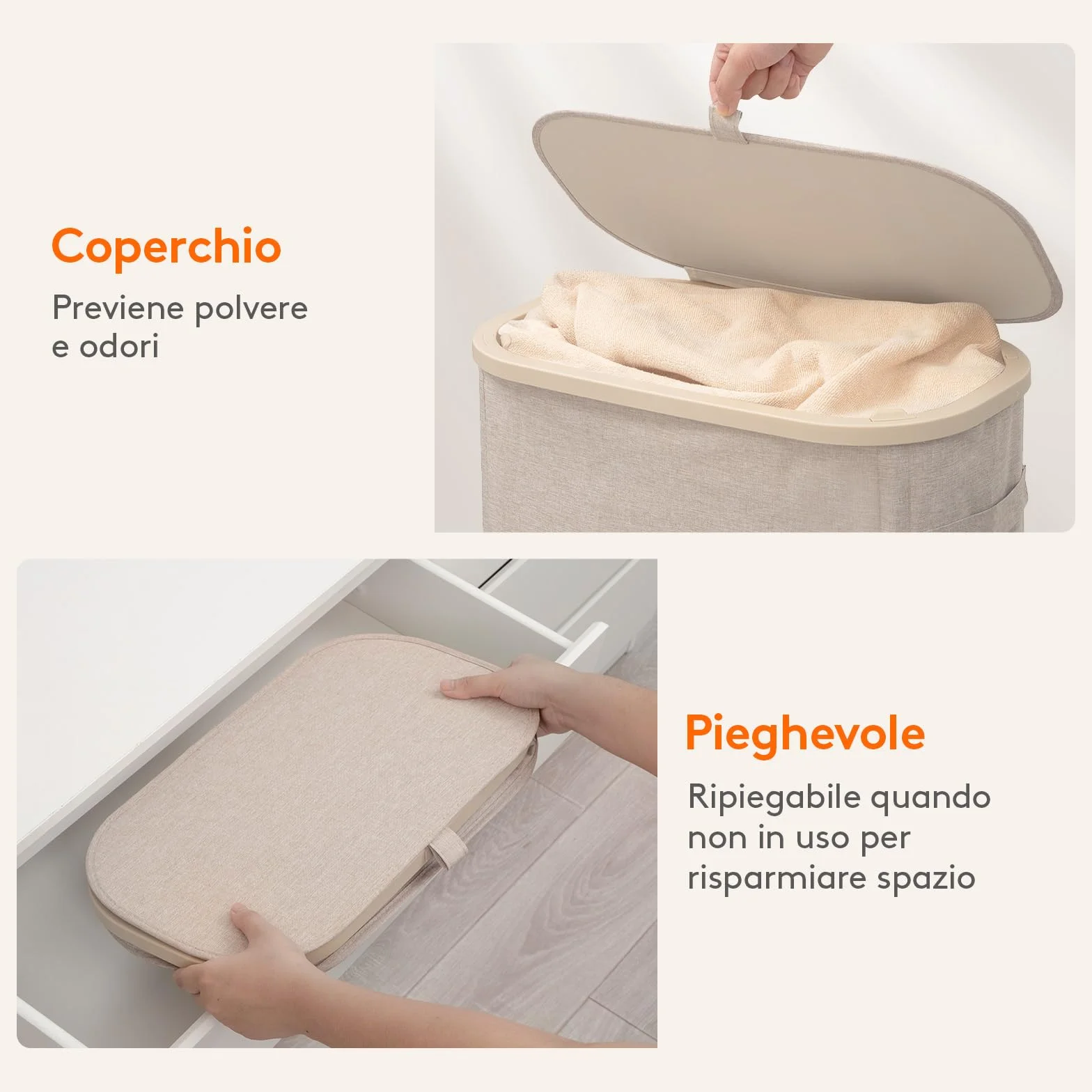 Lifewit Cesto Portabiancheria, Cesta Panni Sporchi con coperchio, Laundry Basket con Plastica Manici, Porta Biancheria Sporca per Bagno, Lavanderia, Camera da Letto, 65 L, Beige