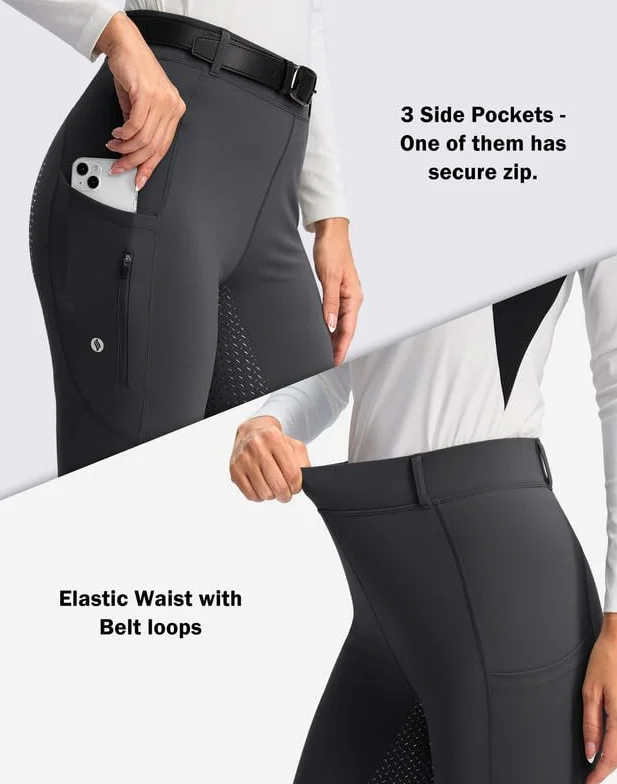 SANTINY Pantaloni da equitazione da donna con seduta intera in silicone tasche con cerniera