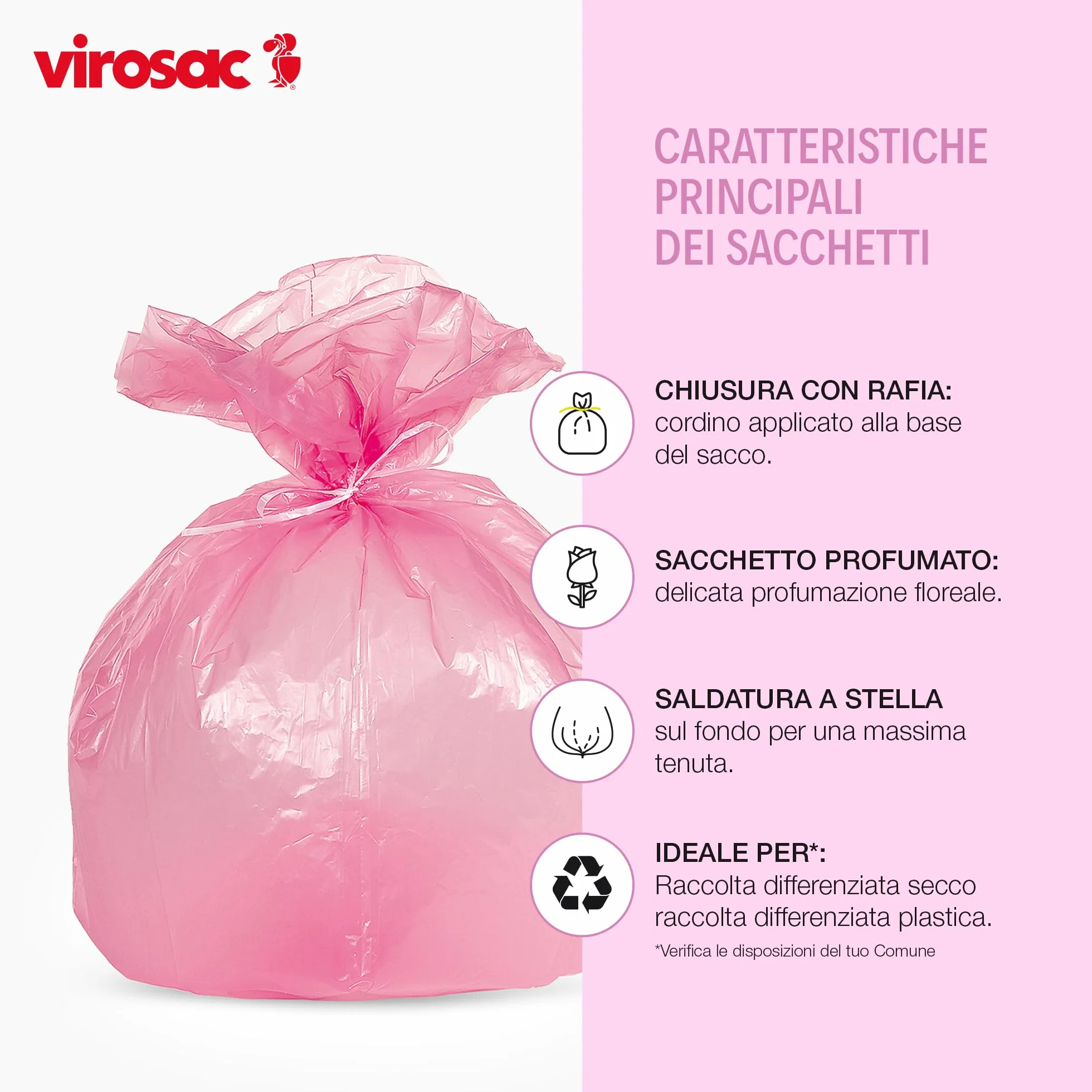 VIROSAC Sacco Bagno 42x55, 30 sacchetti per rotolo, kit da 4 rotoli, 2 rotoli rosa + 2 rotoli bianchi