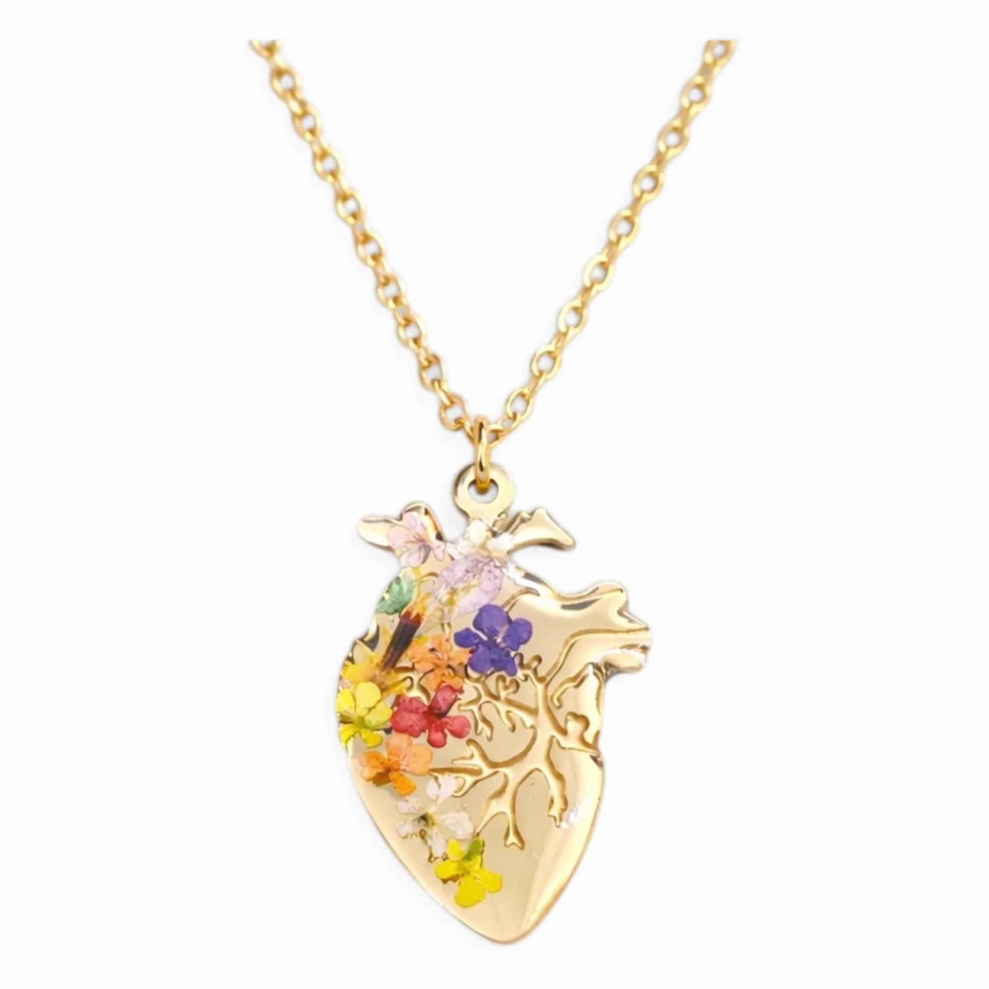 BeFloral Collana Cuore Anatomico Donna Acciaio Inossidabile Oro Fiori Resina Gioiello Artigianale Idea Regalo Medico Infermiera