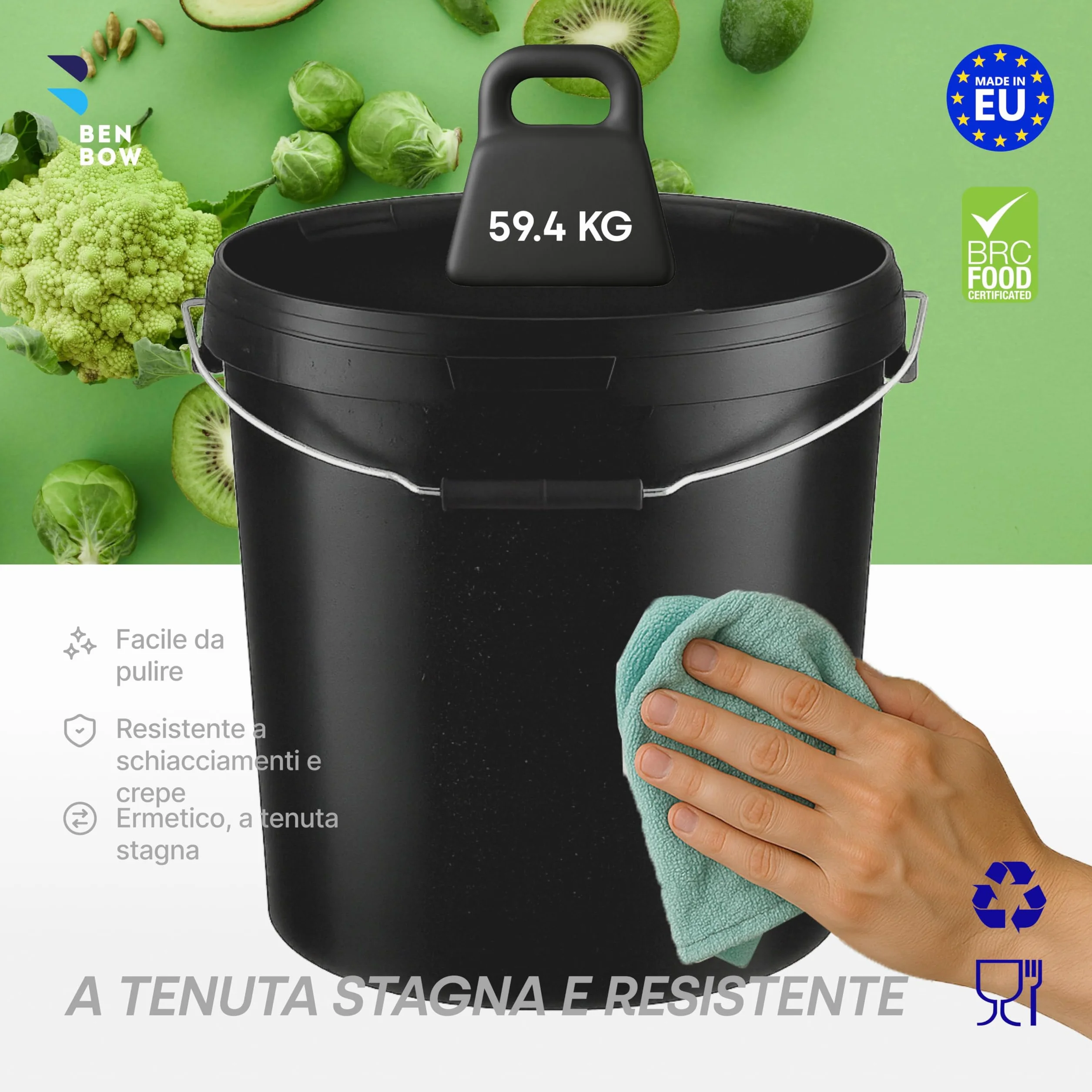 BenBow Secchio con coperchio 20l nero 1x 20 litri - sicuro per gli alimenti, stabile, ermetico, a prova di perdite - contenitore per la conservazione in plastica, con manico in metallo - vuoto
