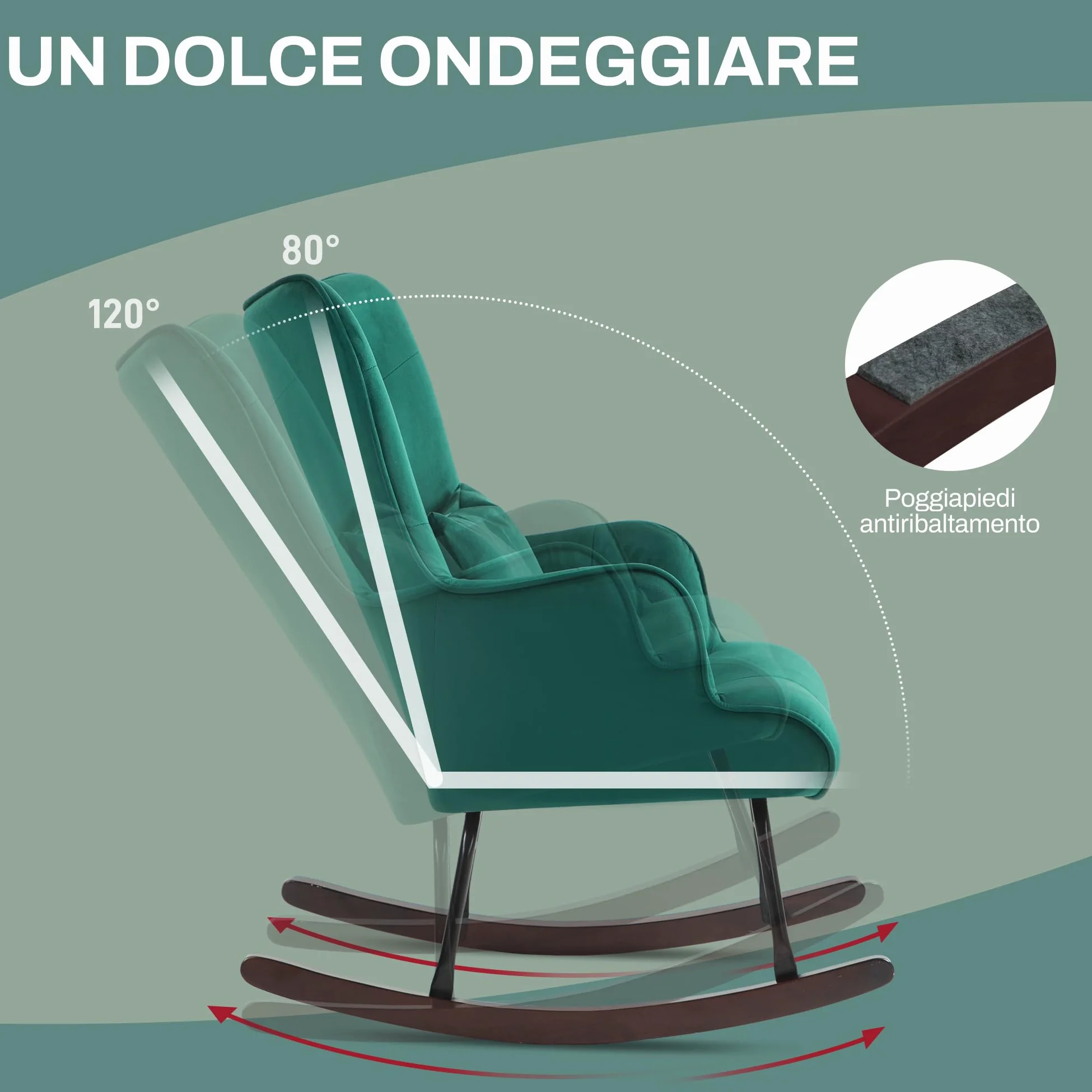 HOMCOM Poltrona a Dondolo in Velluto con Schienale Alto, Sedia a Dondolo con Cuscino e Braccioli per Salotto e Camera da Letto, Verde