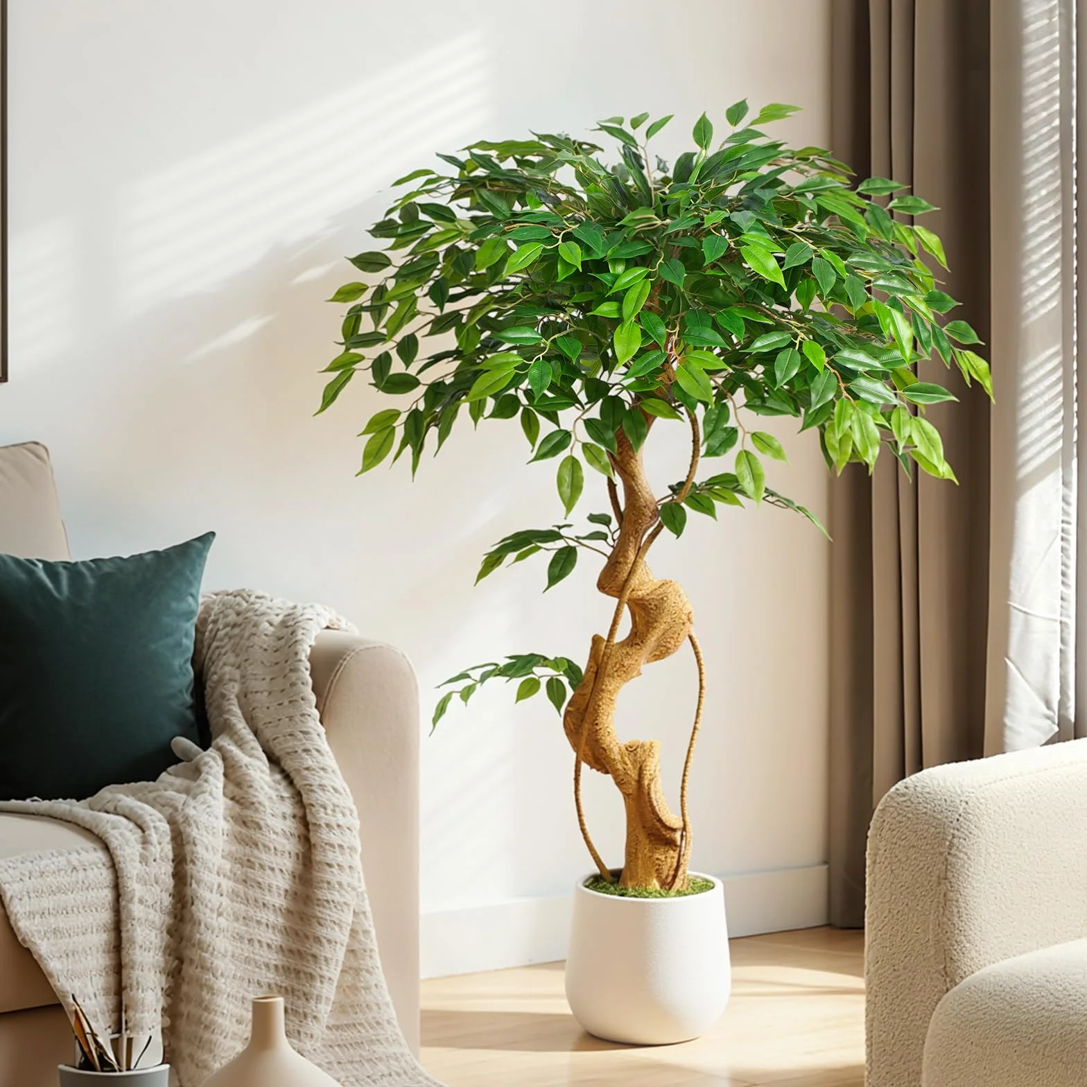 Pianta artificiale, albero di ficus, 120 cm, con vaso bianco, grande come reale, con tronco curvo e 930 foglie, albero artificiale per decorazione di interni, soggiorno, camera da letto