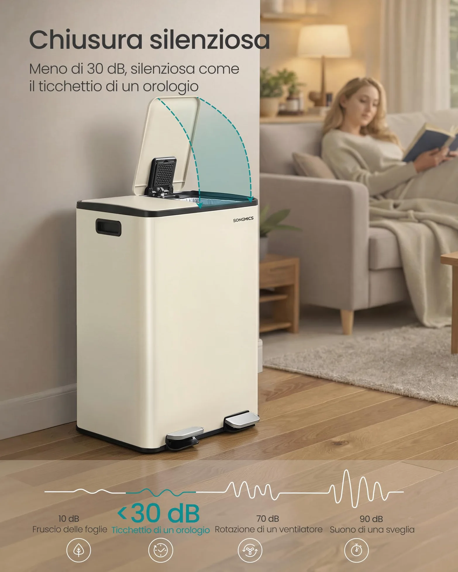 SONGMICS Cestino da Cucina, 2 x 30 L, 2 Scomparti, Pattumiera a Pedale con Coperchio a Chiusura Morbida e Secchio Interno, Acciaio, 15 Sacchi Inclusi, Color Crema LTB741AZ02