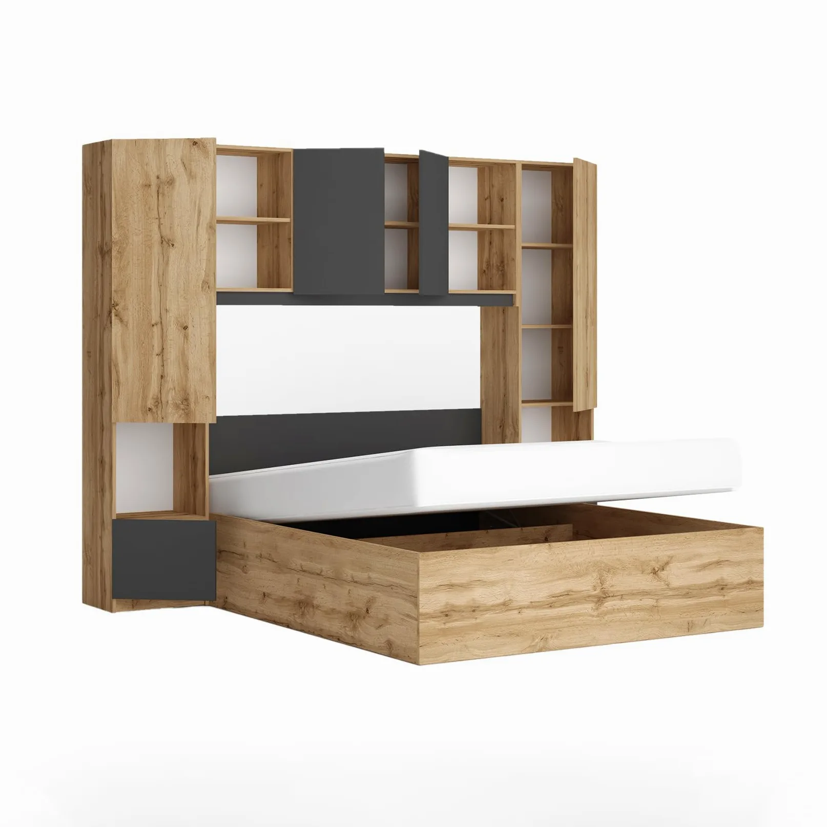 Camera da Letto Matrimoniale Design Moderno Completa con Struttura a Ponte e Letto Contenitore 160x200 cm Set Completo Rovere e Antracite CMG49 (Camera + rete + materasso)
