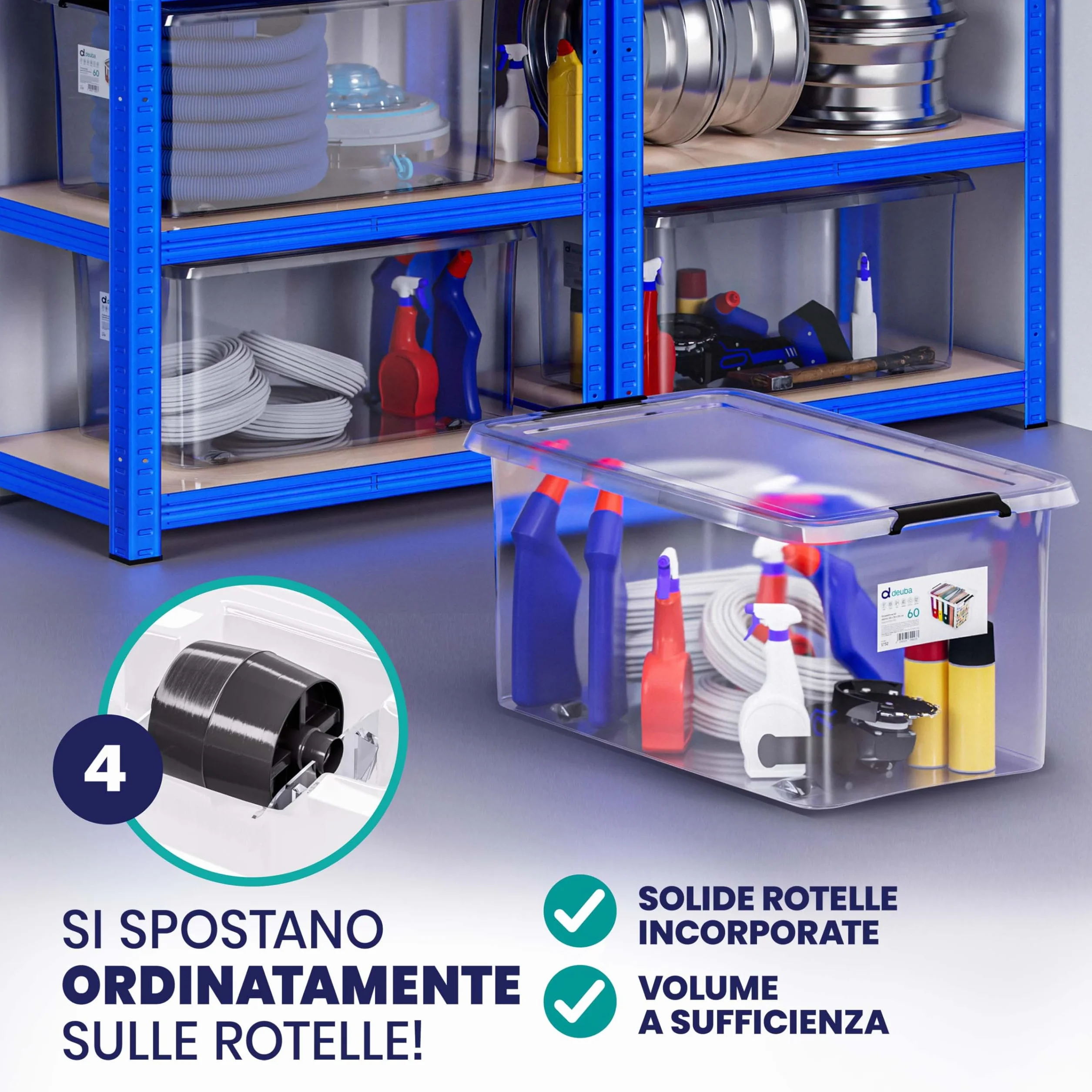 Deuba 6X 60L Scatole in Plastica Trasparente Contenitori con Coperchio Impilabili con Ruote