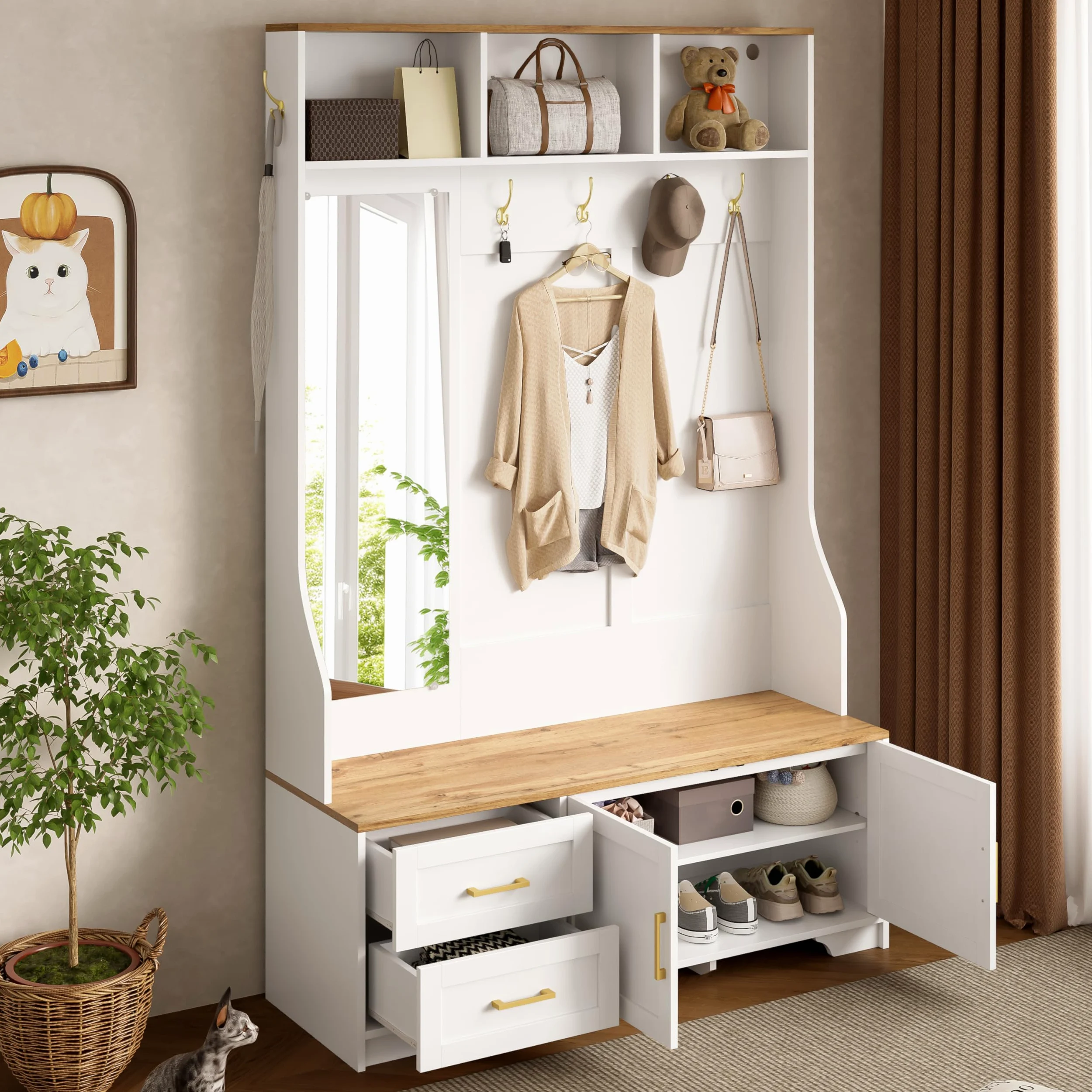 Scarpiera multifunzionale, 120 x 190 cm, specchio, ganci, cassetti, armadietto moderno con spazio di archiviazione, sedile, bianco + colore legno
