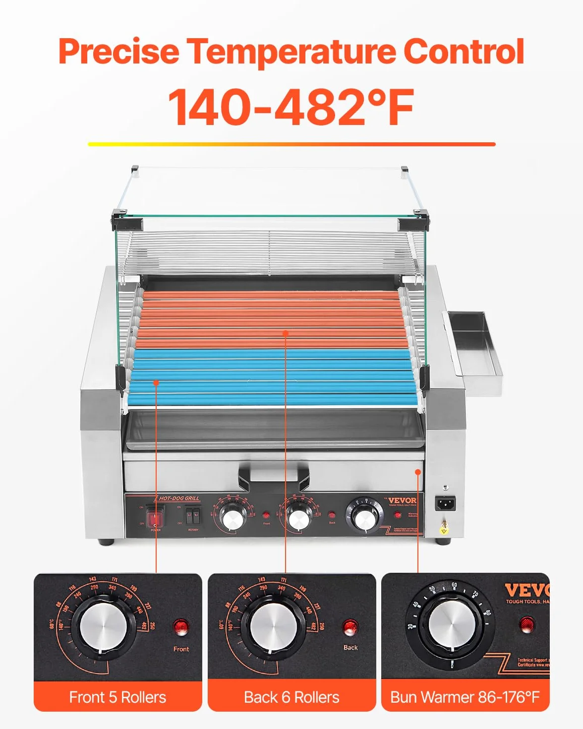 VEVOR Rullo per Hot Dog, 30 Hot Dog 11 Rulli, Cuocitore per Salsicce in Acciaio Inox da 2400 W Scalda Panini, Coperchio, 3 Controlli di Temperatura, Contenitore Laterale, Vassoio Raccogli-Olio