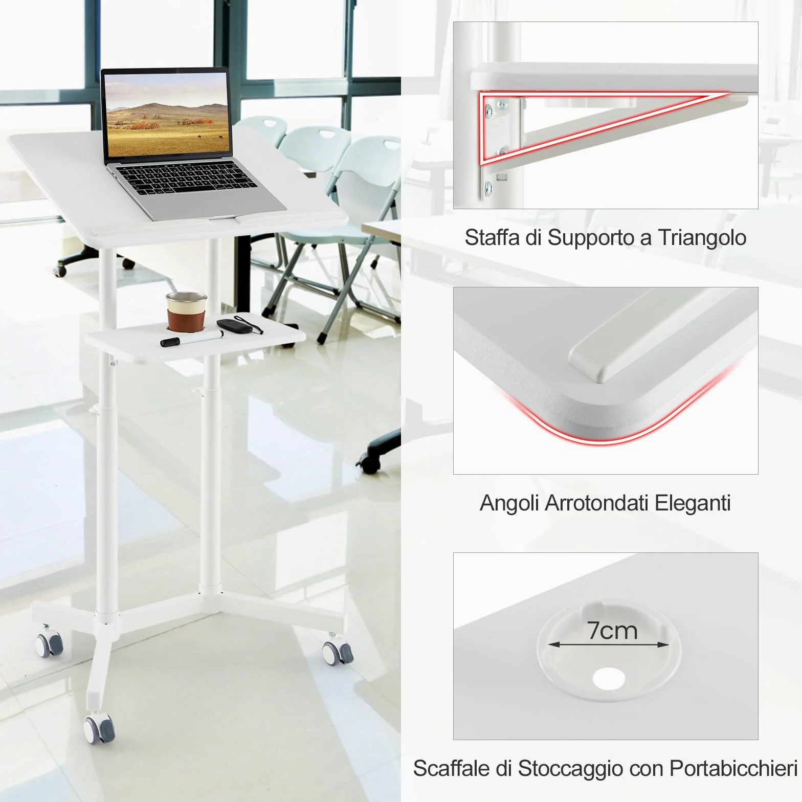 COSTWAY Podio per Conferenze, Pulpito Portatile per Laptop con Piano Inclinabile e Regolabile in Altezza, Vassoio Portaoggetti, Portabicchieri e Ruote Bloccabili (Bianco)