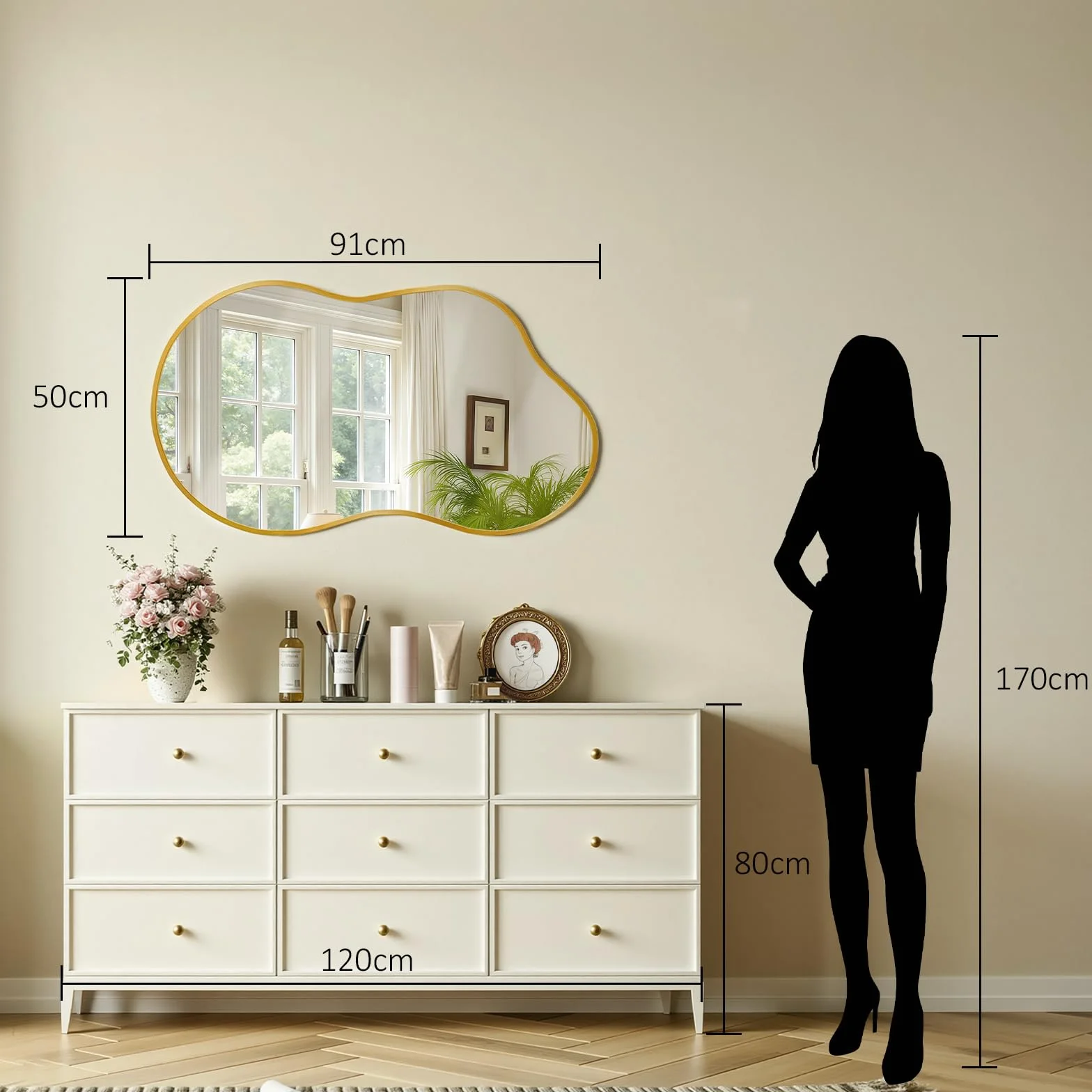 MAMIZO Specchio asimmetrico, 50 x 91 cm, specchio da parete di forma irregolare, vetro temperato, cornice in alluminio, specchio decorativo, specchio da trucco unico, specchio da bagno, oro