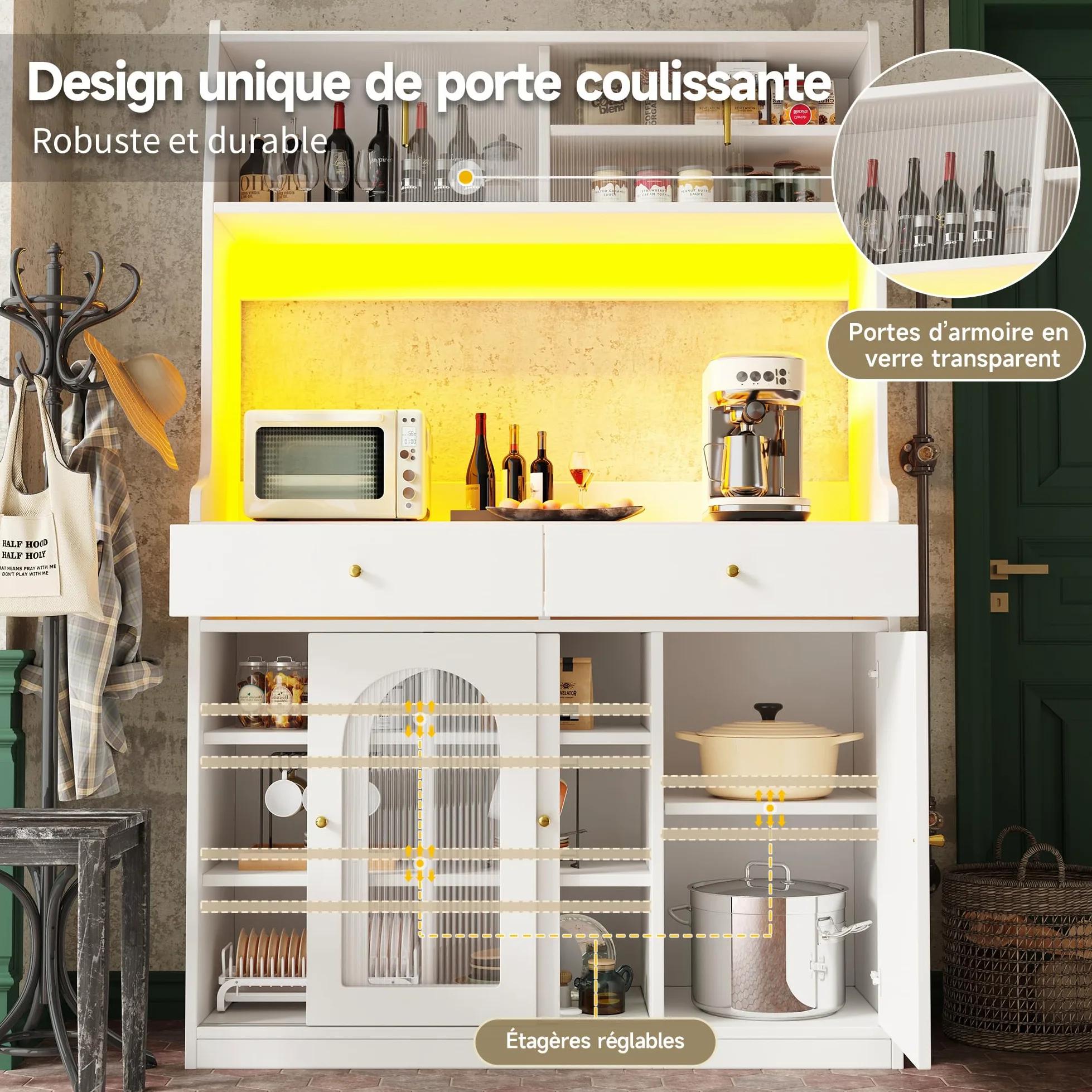 Armadio alto a buffet con ripiani regolabili, armadio da cucina con 2 cassetti, credenza con illuminazione a LED, colori luce variabili, 120 x 40 x 180 cm (bianco)