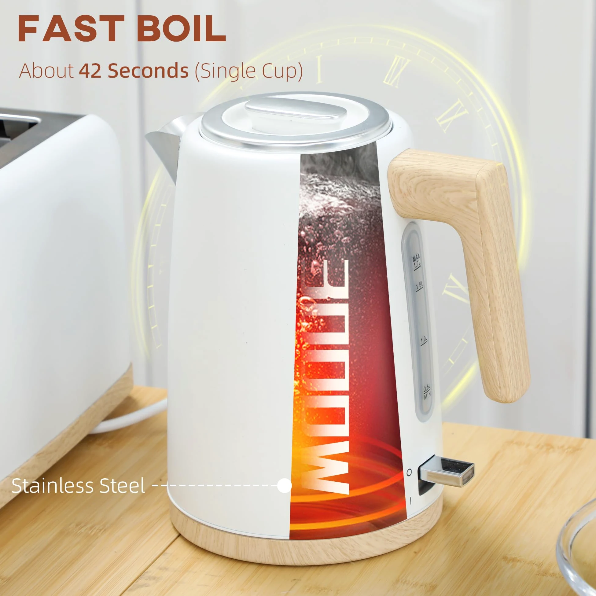 HOMCOM Set bollitore e tostapane 2200W, bollitore a riscaldamento rapido da 1,7 L e tostapane a 2 fette, 7 livelli di doratura - arresto automatico, protezione contro la bollitura a secco, bianco