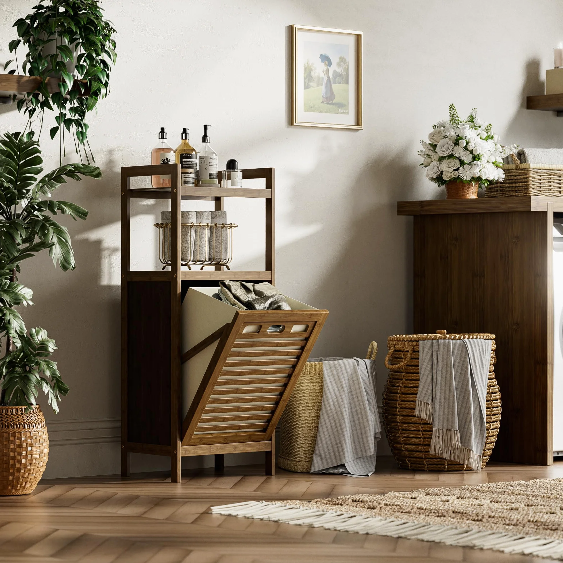 HITNET Mobile Bagno con Portabiancheria, Mobiletto Bagno da Terra in Bambù 2 Ripiani con 1 Cesto Portabiancheria, 40L Sacco Interno Rimovibile con Maniglie per Lavanderia e Camera da Letto, Noce