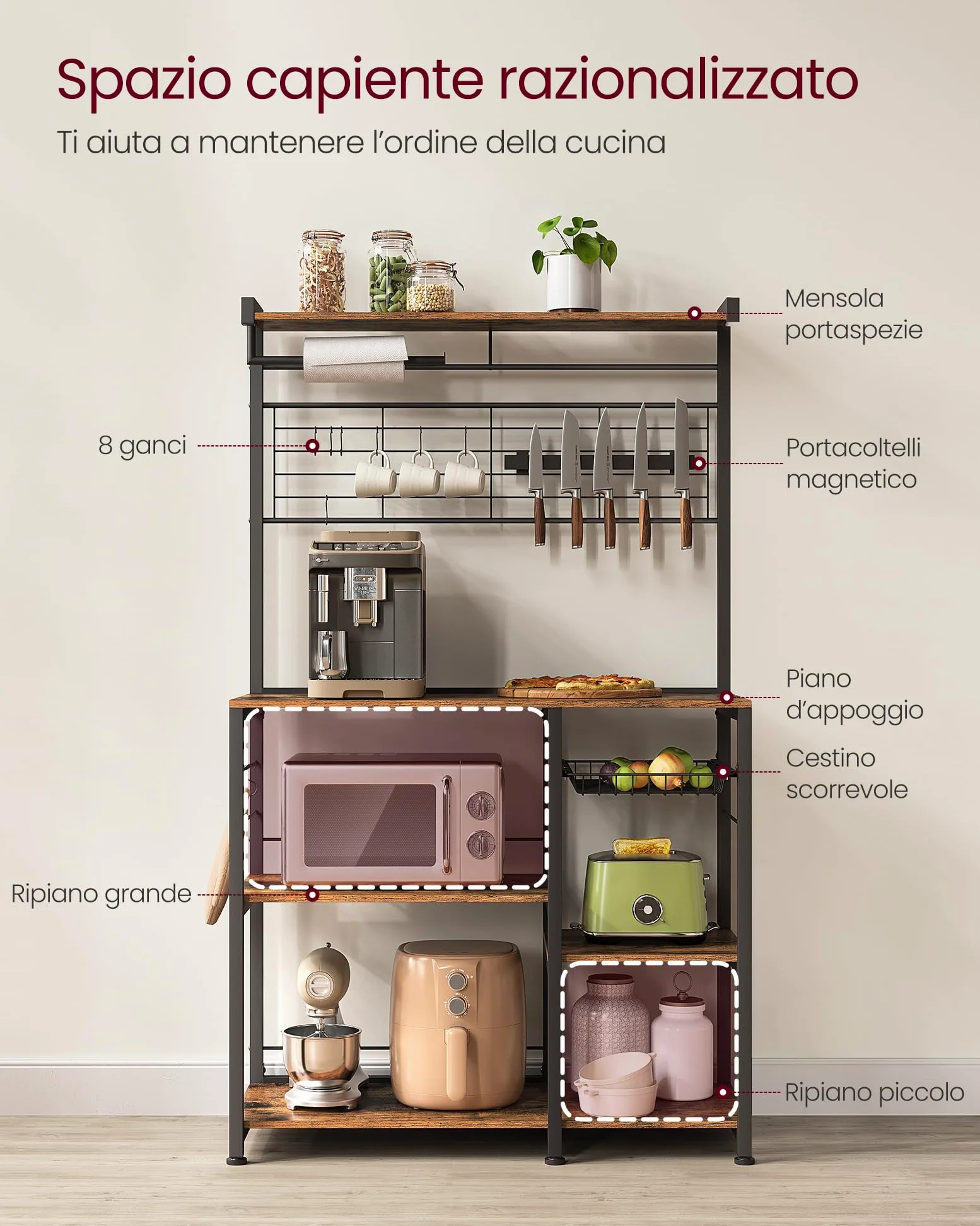 VASAGLE Scaffale Cucina, Scaffale per Microonde, Mobile Cucina con Portacoltelli Magnetico, Cestino, Portarotolo, 12 Ganci, Marrone Vintage e Nero KKS026B01