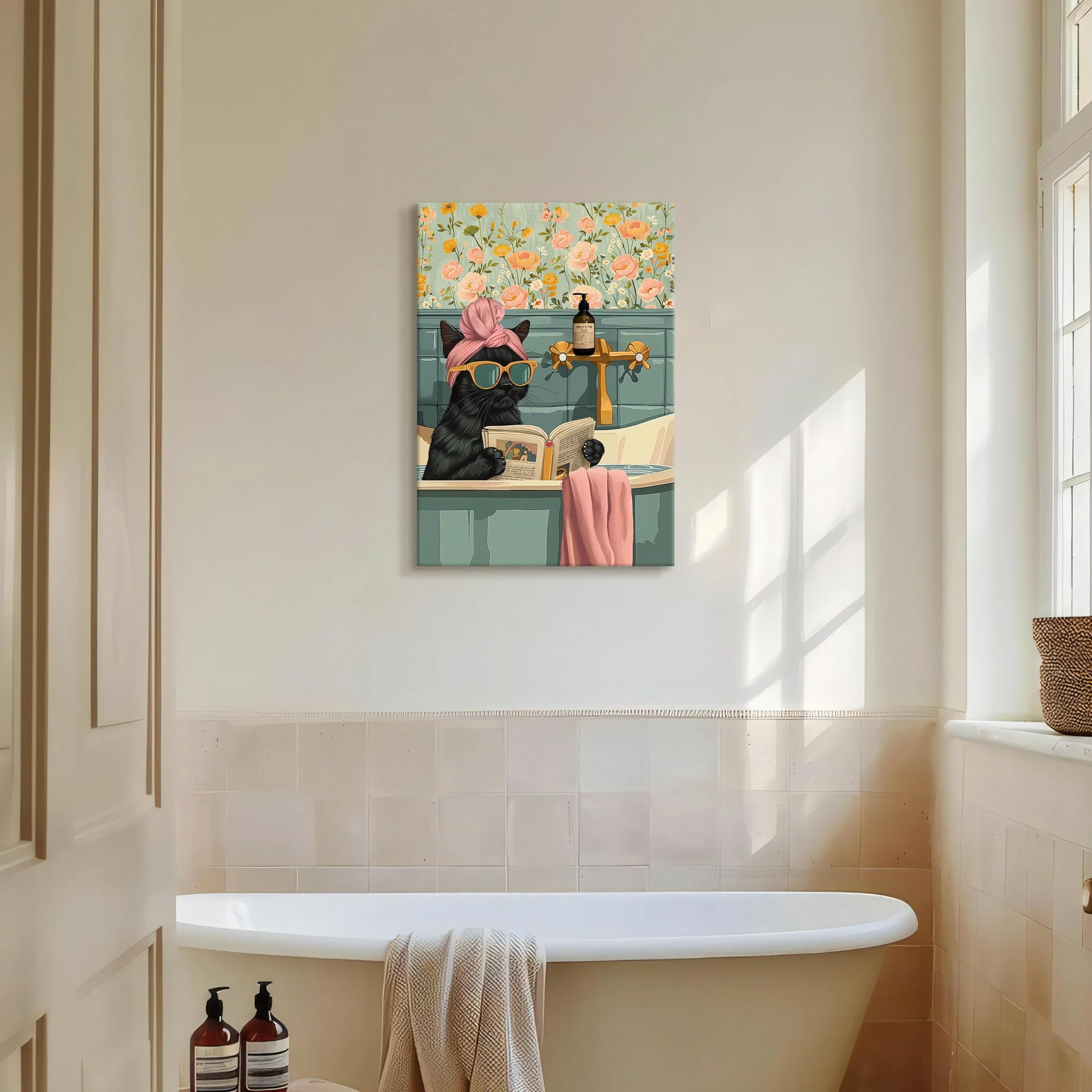 FajerminArt Divertente Bagno Stampe da Parete Gatto Nero Leggere Nella Vasca da Bagno Quadri Moderni Umorismo Animale Paesaggio Stampa su tela Quadro Pittura Poster Decor Bagno Camera da letto 40x60cm