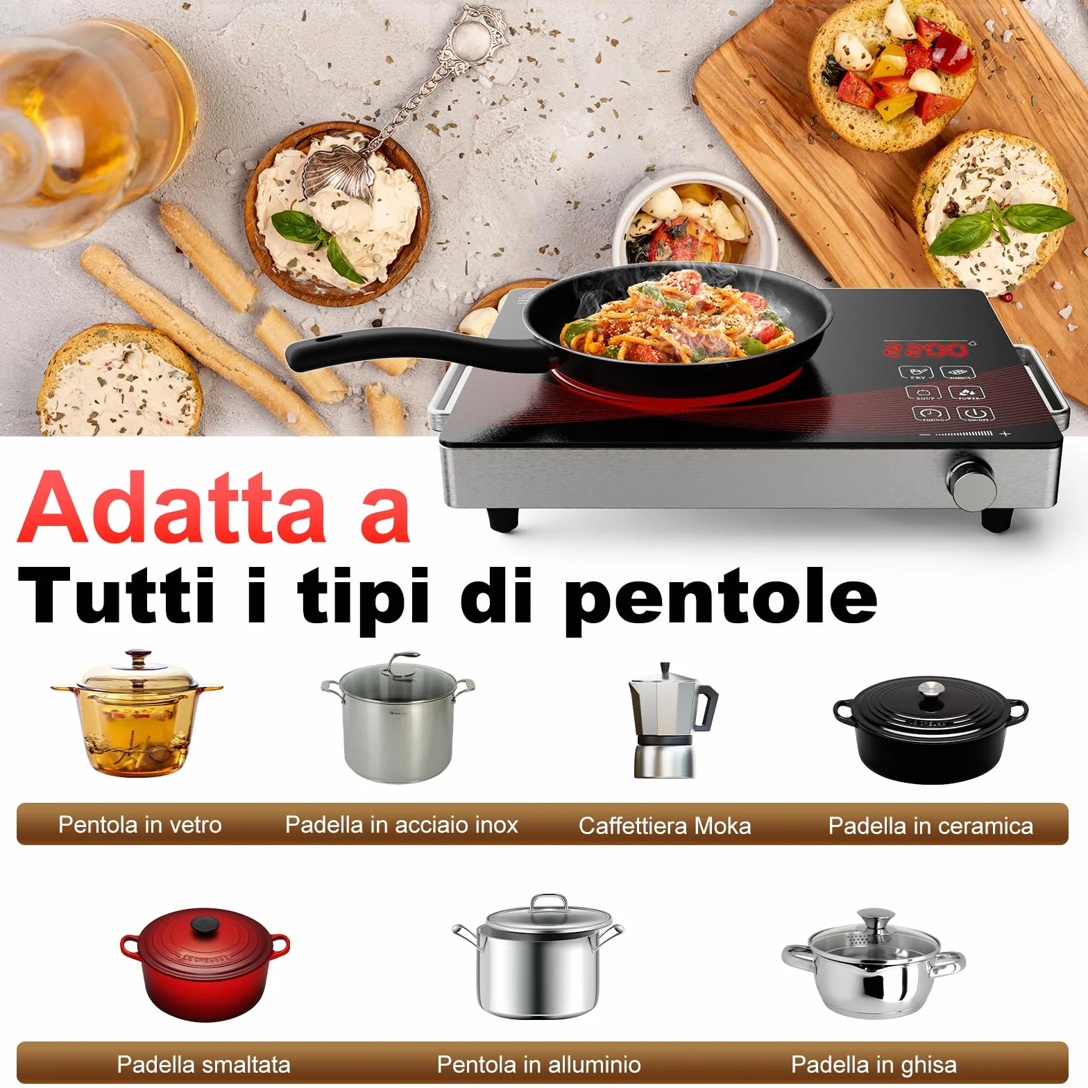 Fornello Elettrico 1 Fuoco a Infrarossi Portatile, Piastra Vetroceramica con Controllo Touch, Temperatura Regolabile RR-912-Black