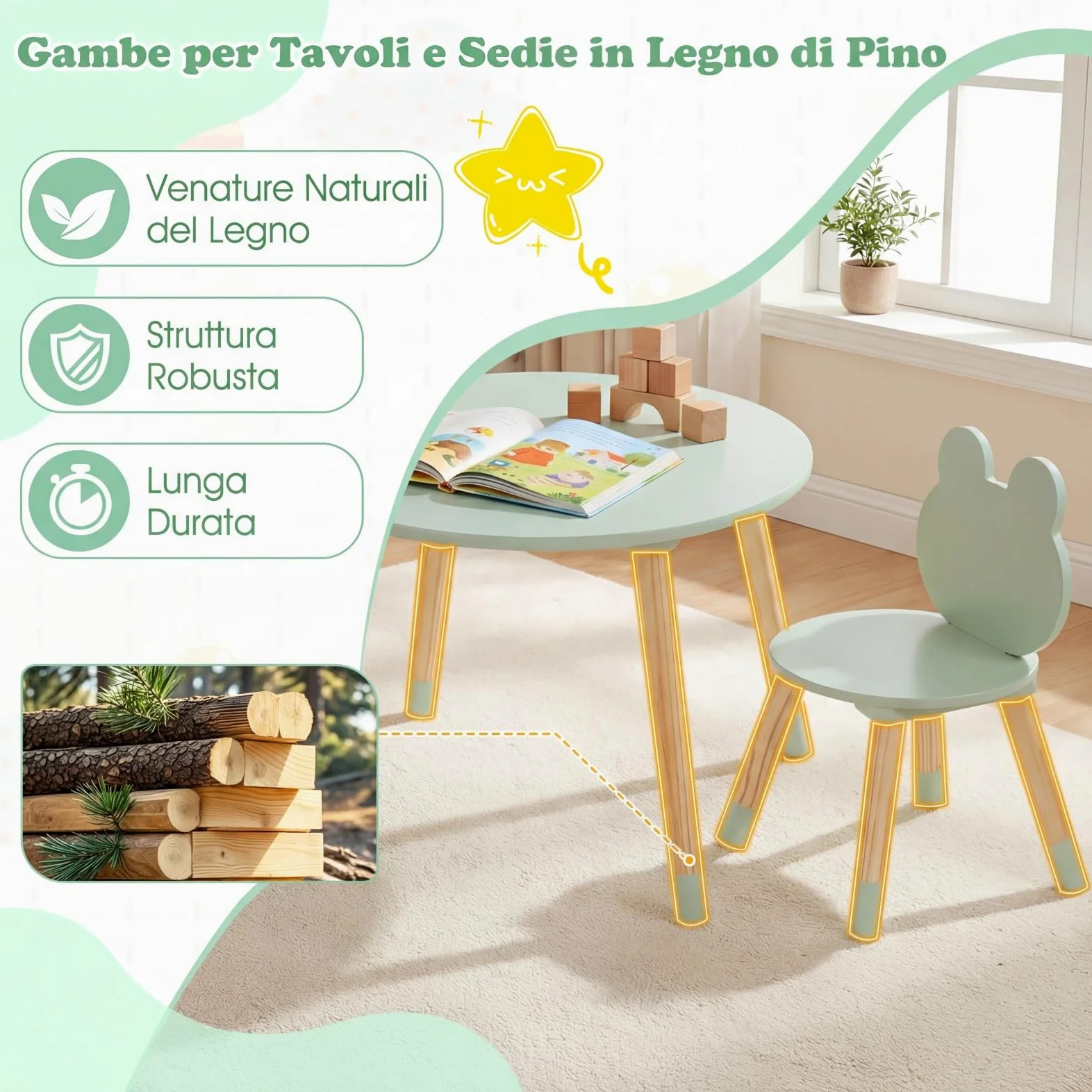 COSTWAY Set Tavolo e Sedie per Bambini, Tavolino e 2 Sedie a Forma di Rana con Gambe in Legno e Angoli Arrotondati, Set Mobili Salvaspazio per Bambini 3+ Anni per Cameretta Ragazzi (Verde)