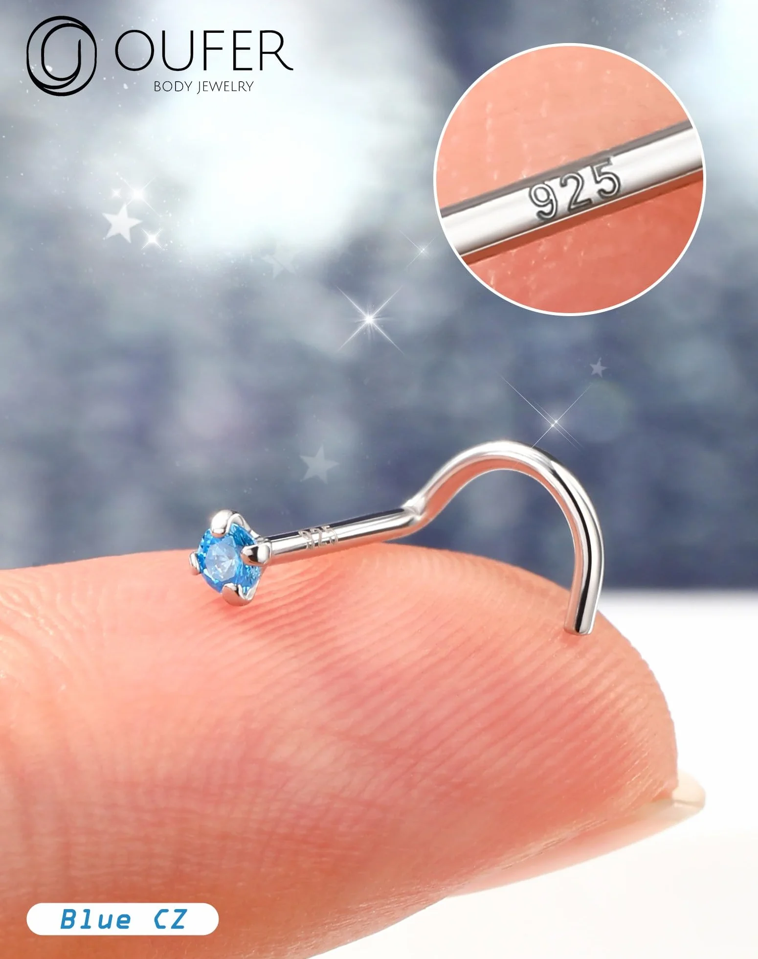 OUFER Piercing Naso Argento 925 Anello Naso 7mm Nose Ring CZ Viola/Blu/Nero Nostril