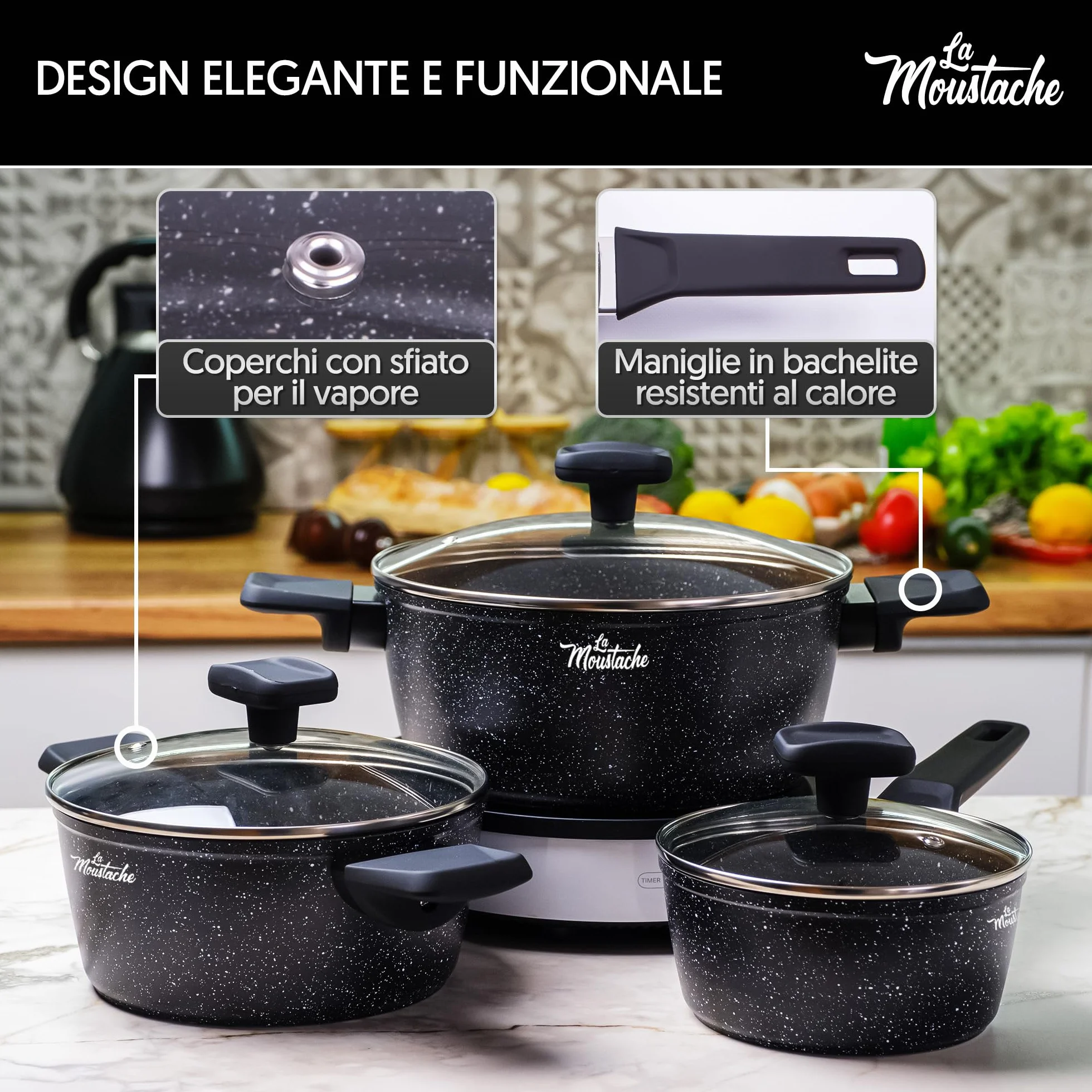 La Moustache Batteria di Pentole 8 Pezzi a Induzione in Alluminio Antiaderente Set Casseruole Coperchi Padelle Manici Bakelite Onix