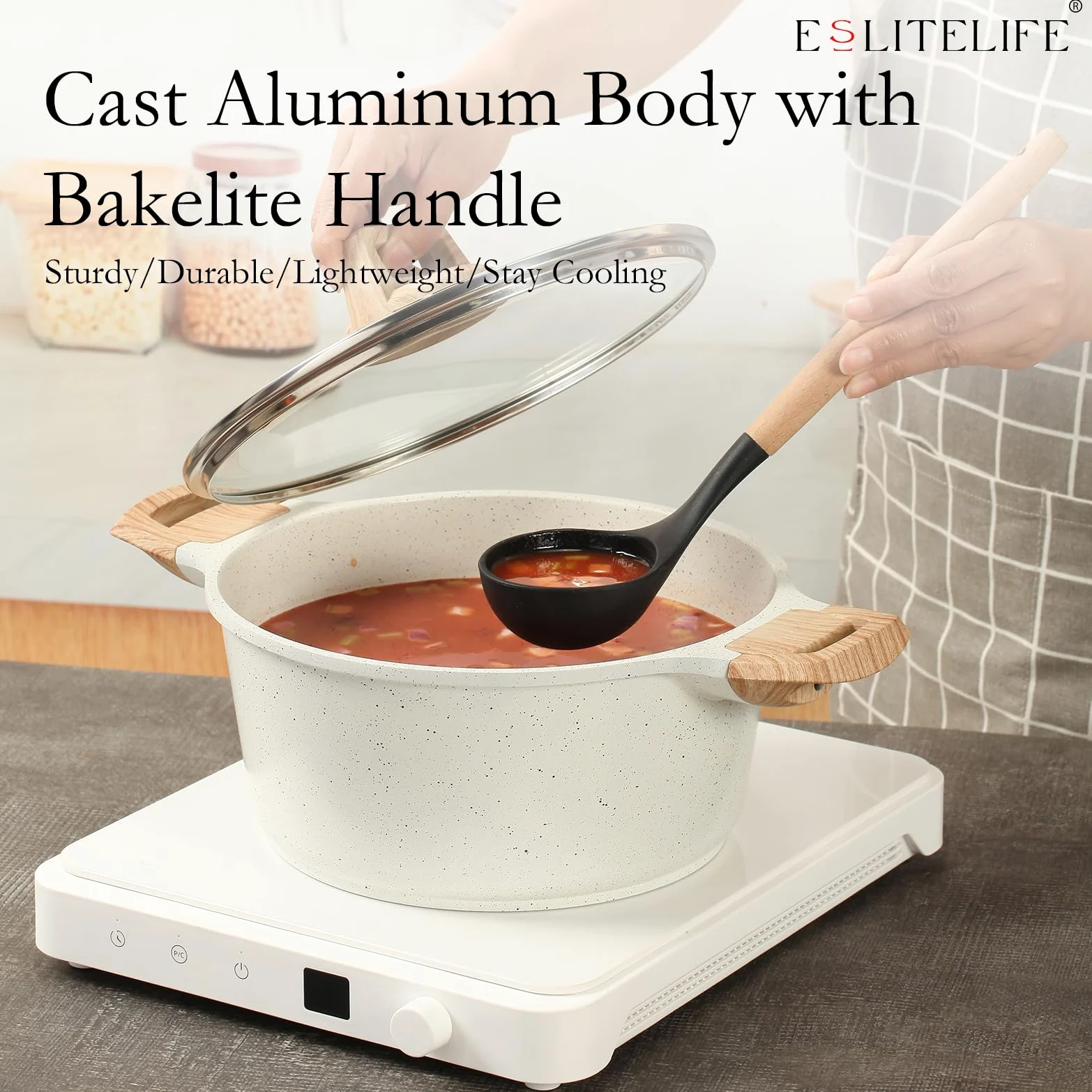 ESLITE LIFE Pentola antiaderente con coperchio, in granito da 7 litri, grande, per zuppa, pasta, compatibile con induzione, senza PTFE e PFOA, bianco