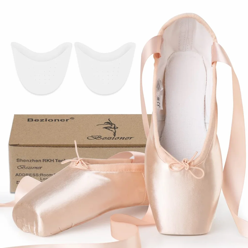 Scarpe da Danza Punta Classica Rosa con Nastro e Puntali per Donna