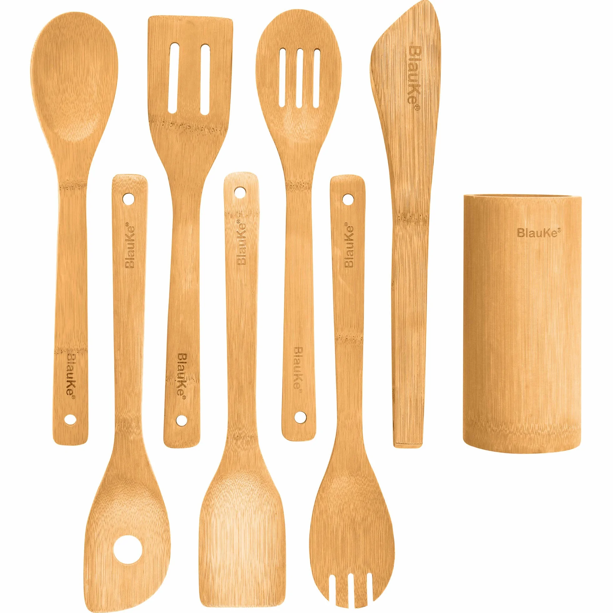 BlauKe® Set di Utensili da Cucina in Bambù Naturale - 8 Pezzi con Paletta, Spatola, Pinze, Cucchiaio in Legno, Porta Mestoli