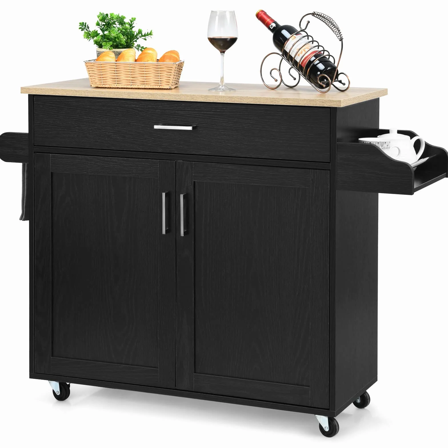 COSTWAY Carrello da Cucina con Ruote di Gomma, Scaffale per Microonde Carrello Servizio, Mobile Cucina con Ripiani e Ante, Credenza Cucina Legno Moderno Elegante, 116 x 37 x 85 cm (Nero)