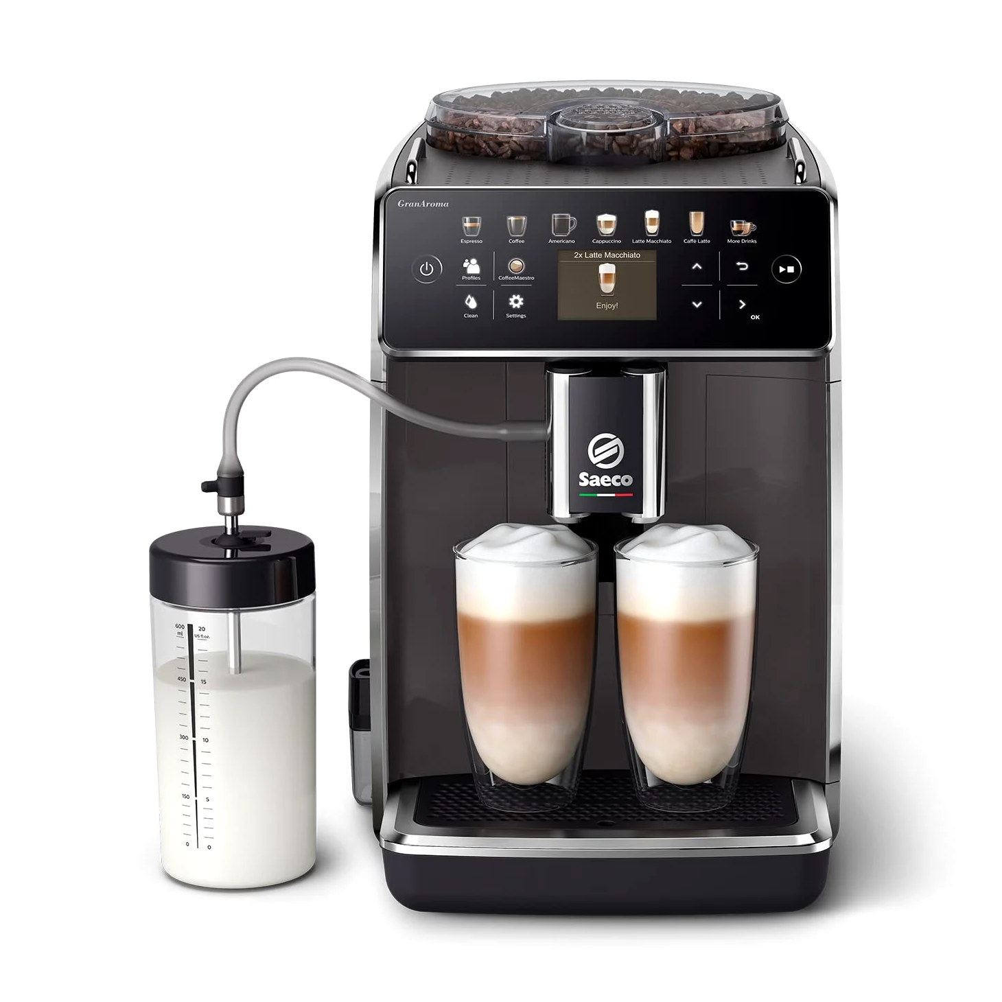 Saeco GranAroma Macchina da Caffè Automatica - 14 Bevande Programmabili, LattePerfetto, Macinacaffè in Ceramica, Aroma Extract, 4 Profili Utente, Display Touch a Colori, Grigio (SM6580/10)