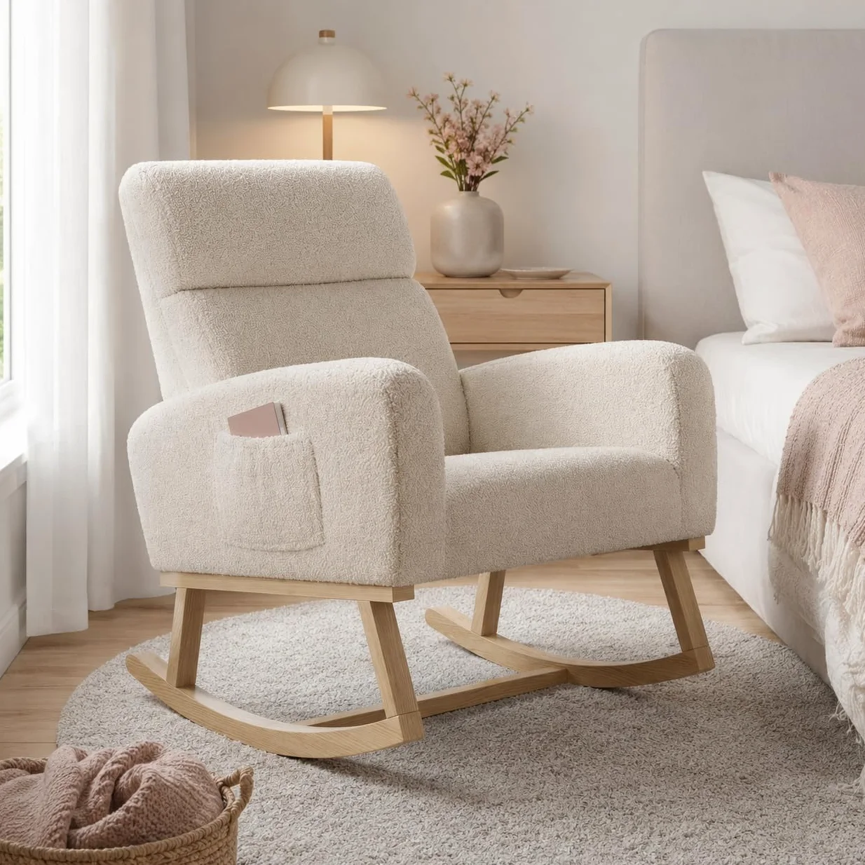 BRILVERDE Sedia a Dondolo, Poltrona Dondolo con Tasche Laterali Gambe in Legno massello, Allattamento al Seno, Sedia per Il Tempo Libero, Adatta per Soggiorno e Camera da Letto (Beige)