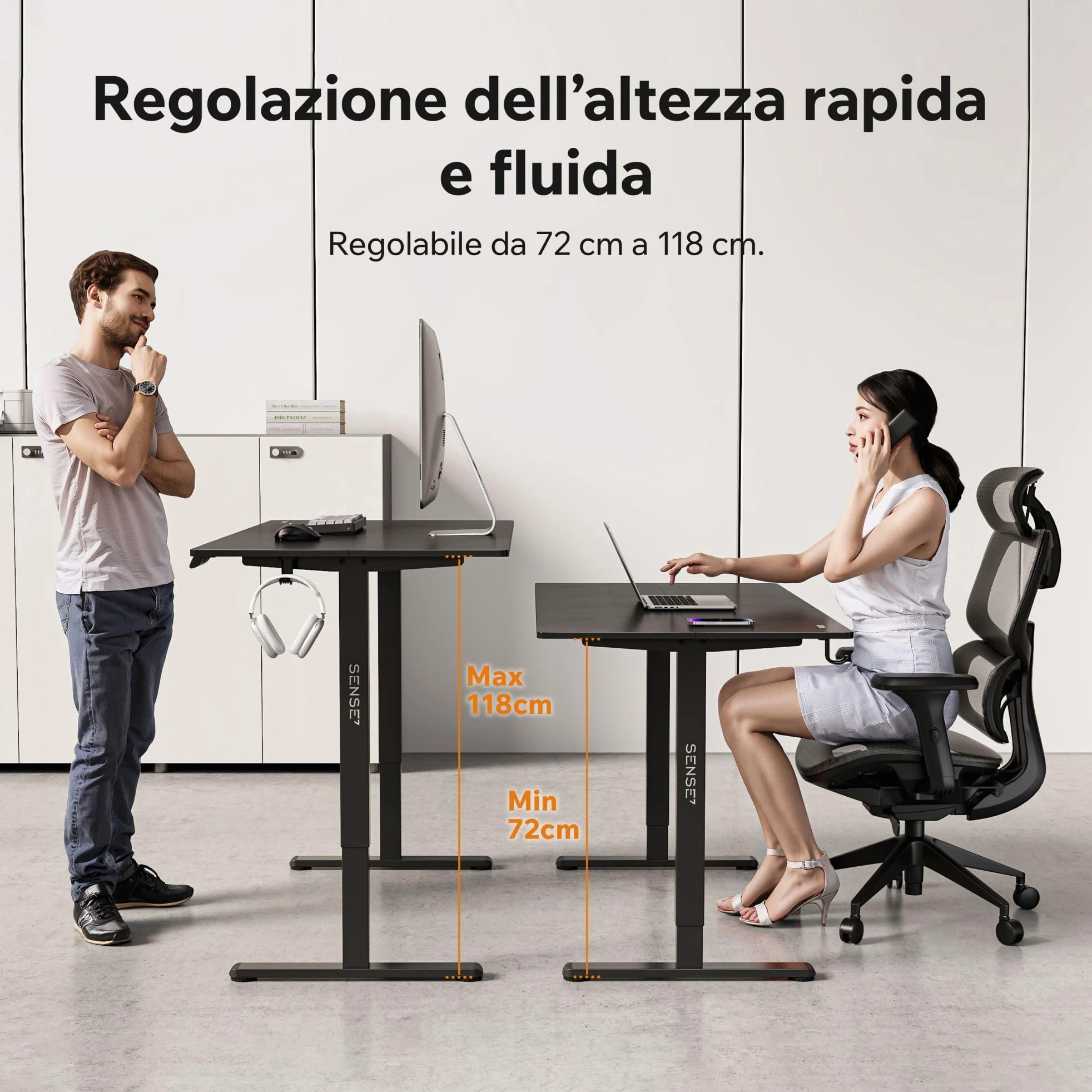 SENSE7 Nojo Light Scrivania Elettrica Nera 140x70cm, Portata 70kg – Grande Scrivania Ergonomica con Memoria e Motore Silenzioso – Ideale per Gaming e Ufficio