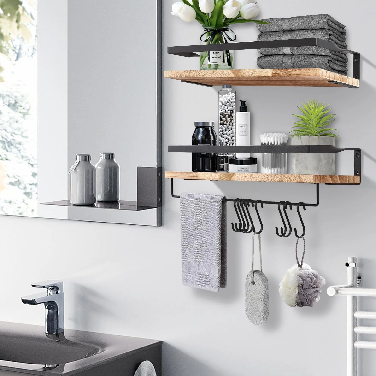 Uten Mensole da Muro Design Moderne Set 2 Pezzi Legno Portasciugamani Ganci 42x15x6,8 cm